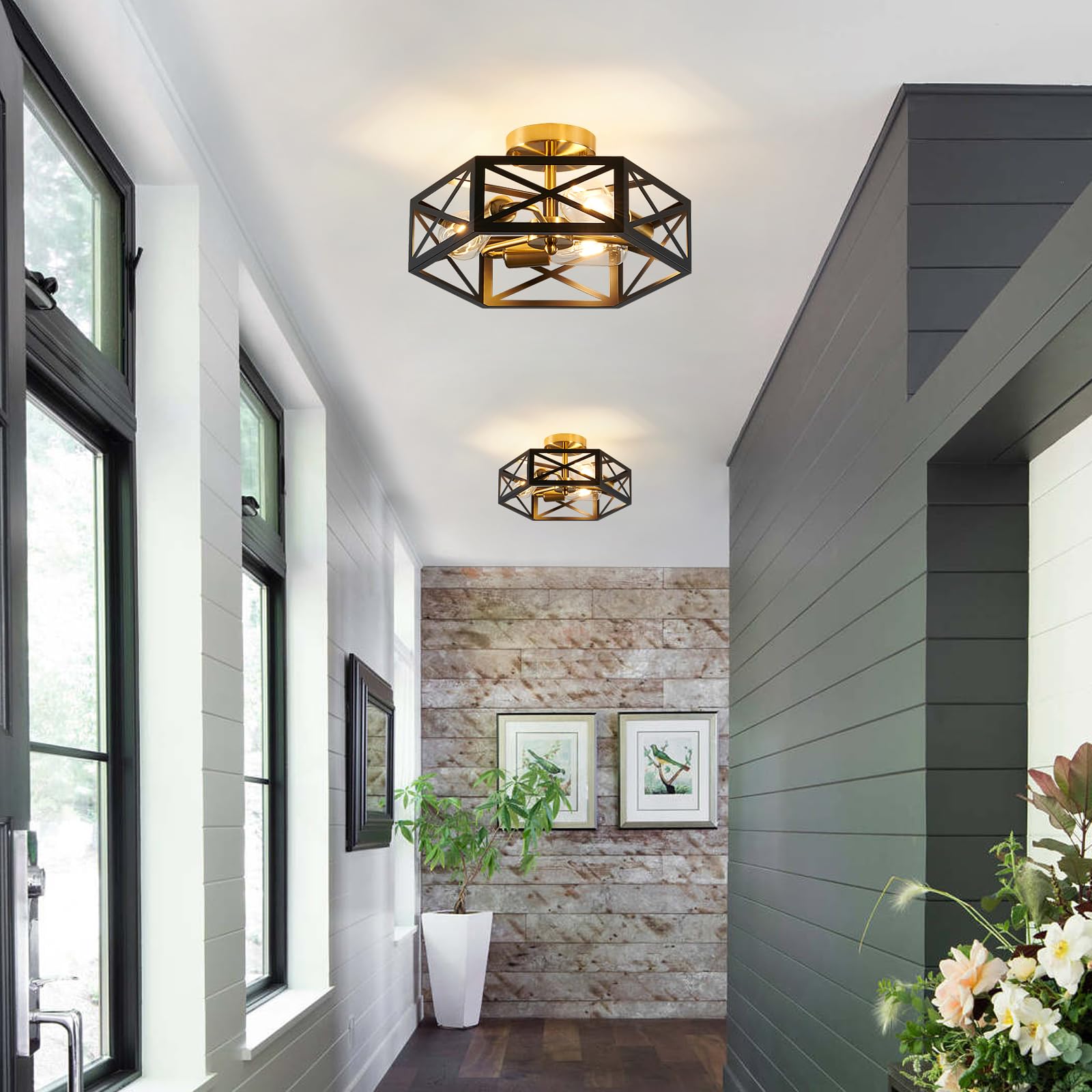 XSDeTu Modern Flush Mount Ceiling Light, 3-Light Black Gold Metal Hexagon Cage Fixture for Kitchen, Hallway, and More