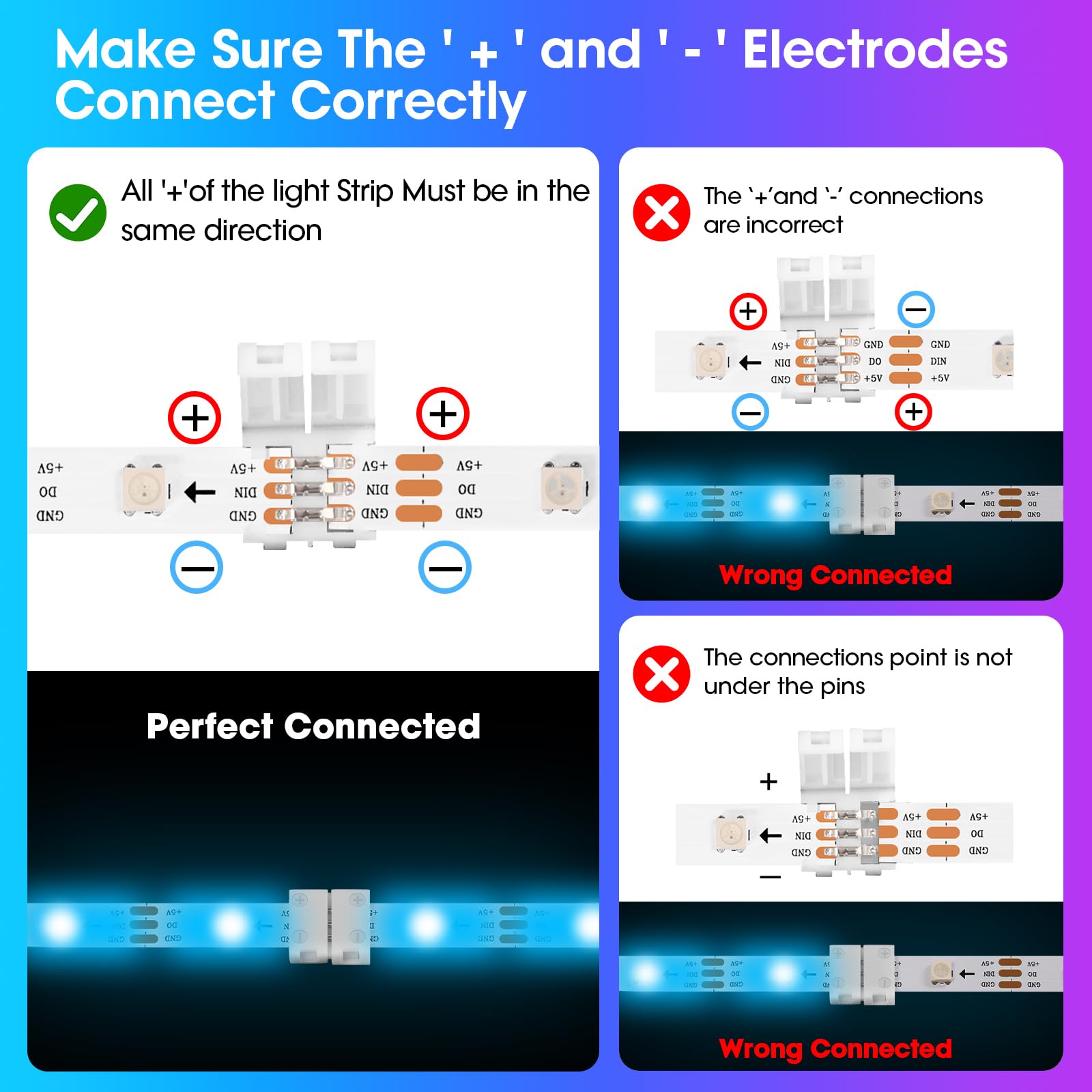 Wenhsin 10-Packs 3-Pin Led Connectors For Led Strip Lights 8Mm Width Unwired Gapless Solderless Adapter Extension