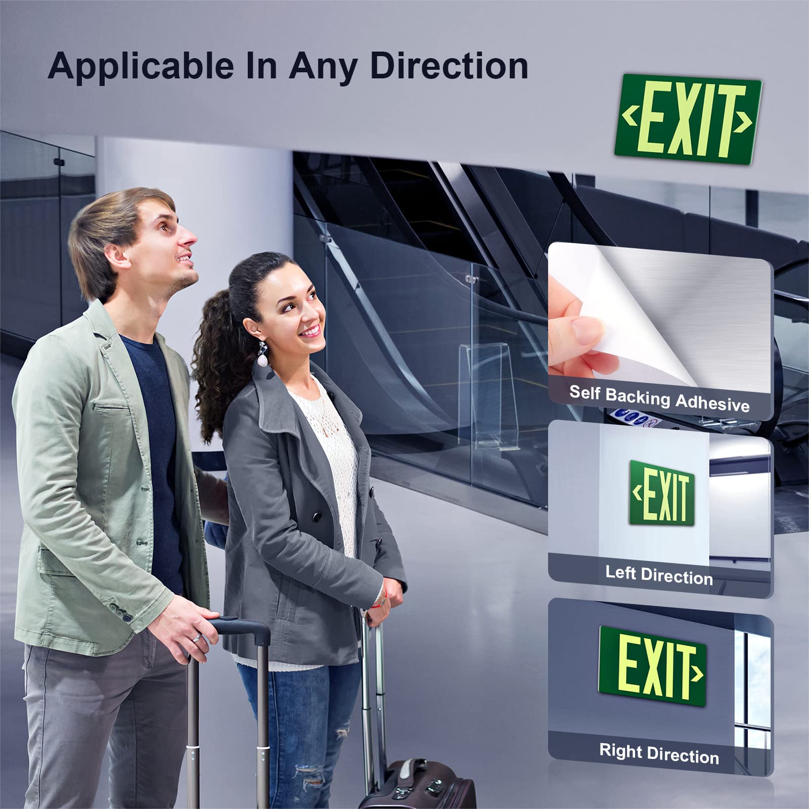 Photoluminescent Exit Sign Aluminum - Adhesive Backing Glow In The Dark - Removable Arrows Included - 12X7 Inches - Non Electrical Green Exit Light For 50 Feet Visibility (2 Pack)