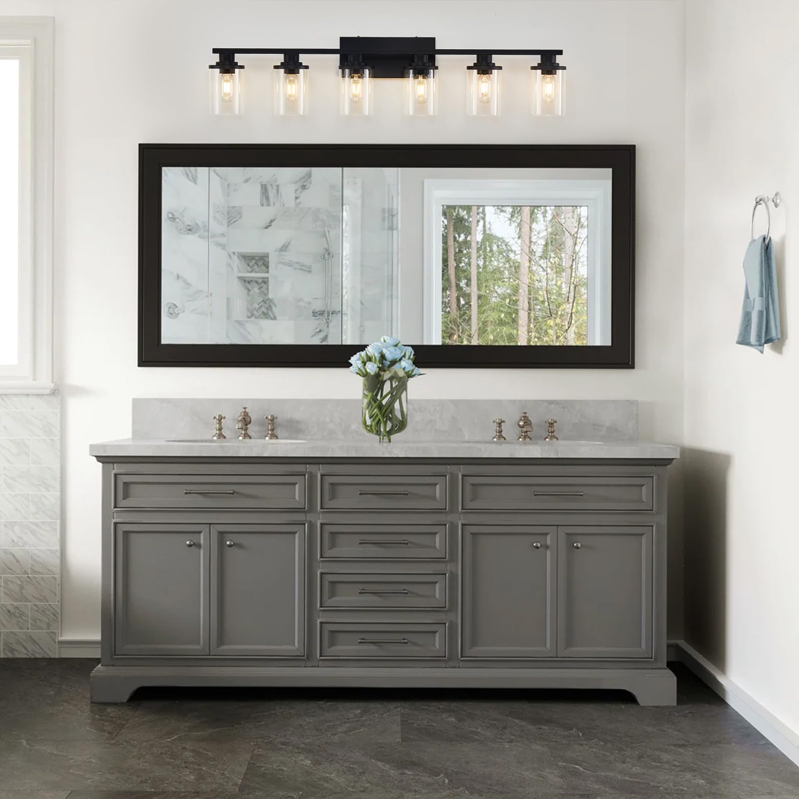stambord Matte Black Bathroom Vanity Light, 6 Light Fixtures, Clear Glass & Metal Base, Model B70