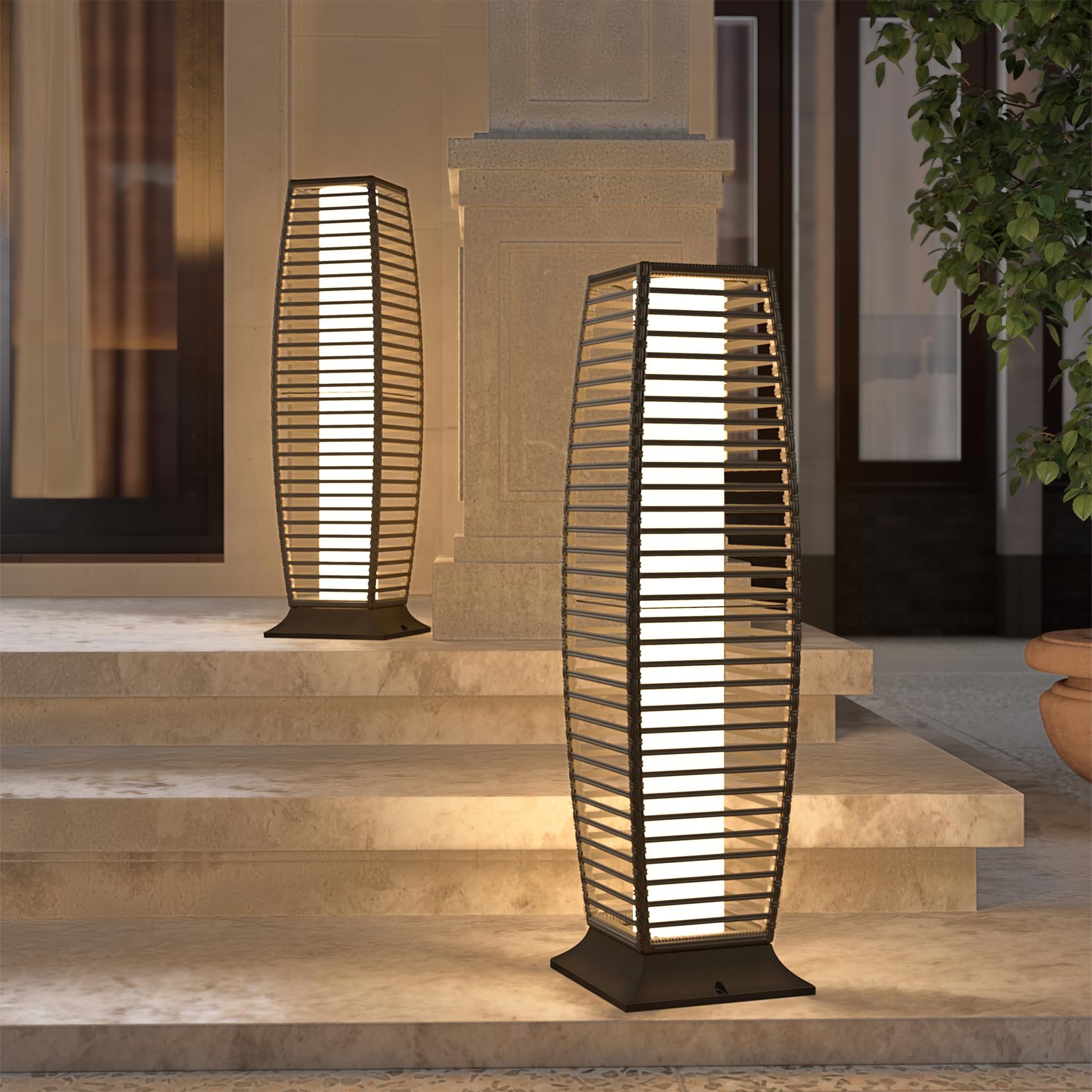 Grand patio 2-Piece Outdoor Floor Lamp Solar Powered Lantern Waterproof Wicker Boho Deck Lights for Garden Porch Decor, Large Cr