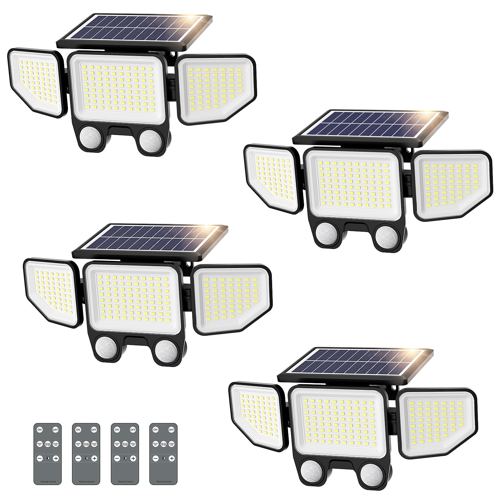 Onforu Solar Lights Outdoor, 3000LM Motion Sensor Flood Lights, IP65 Waterproof, Remote Control, Black, Model BDTYE06-3, 4 Pack