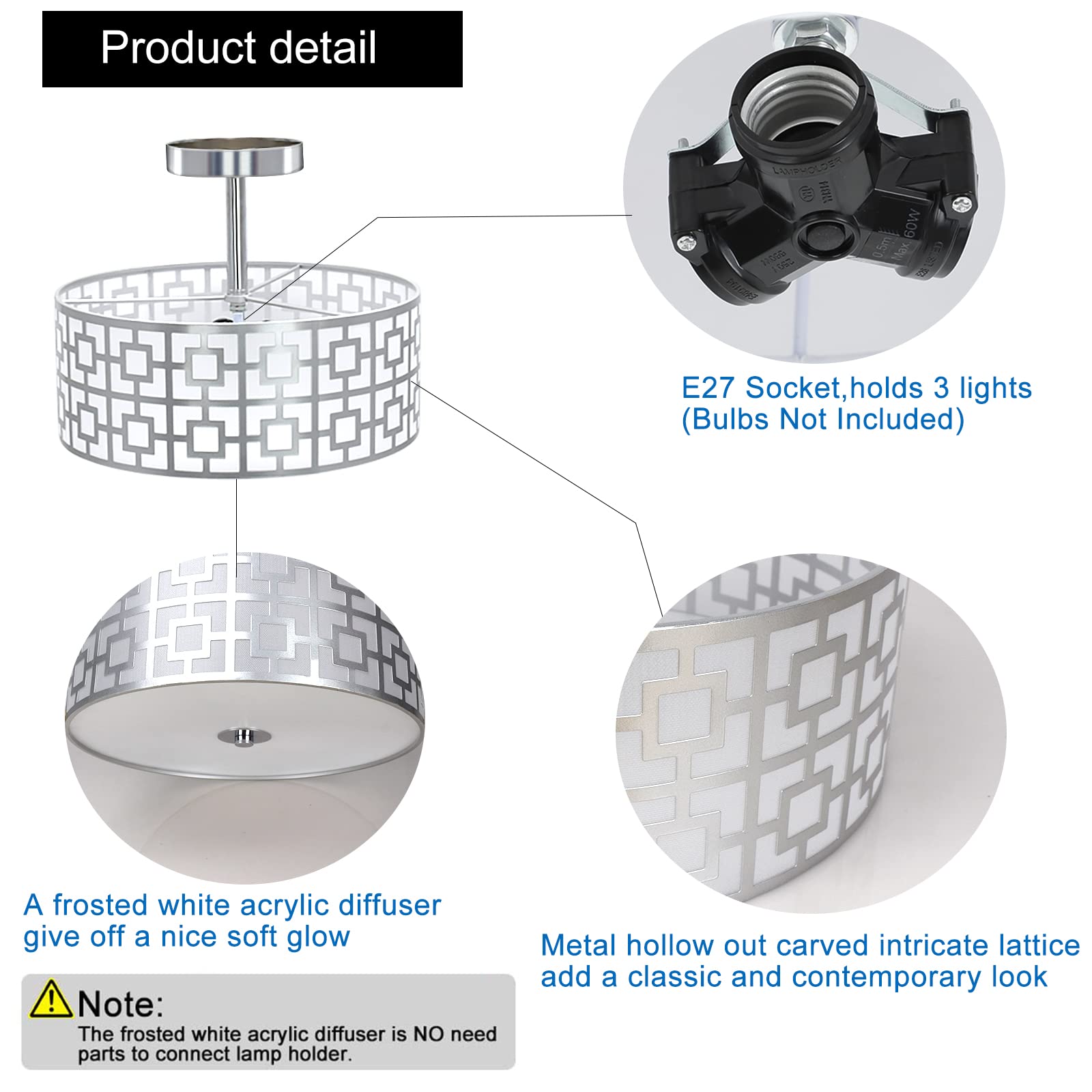 DINGLILIGHTING Semi Flush Mount Ceiling Light, 3-Light, Metal, 12.6 Inch, Brushed Chrome Finish, Model WS-FNC1-60B