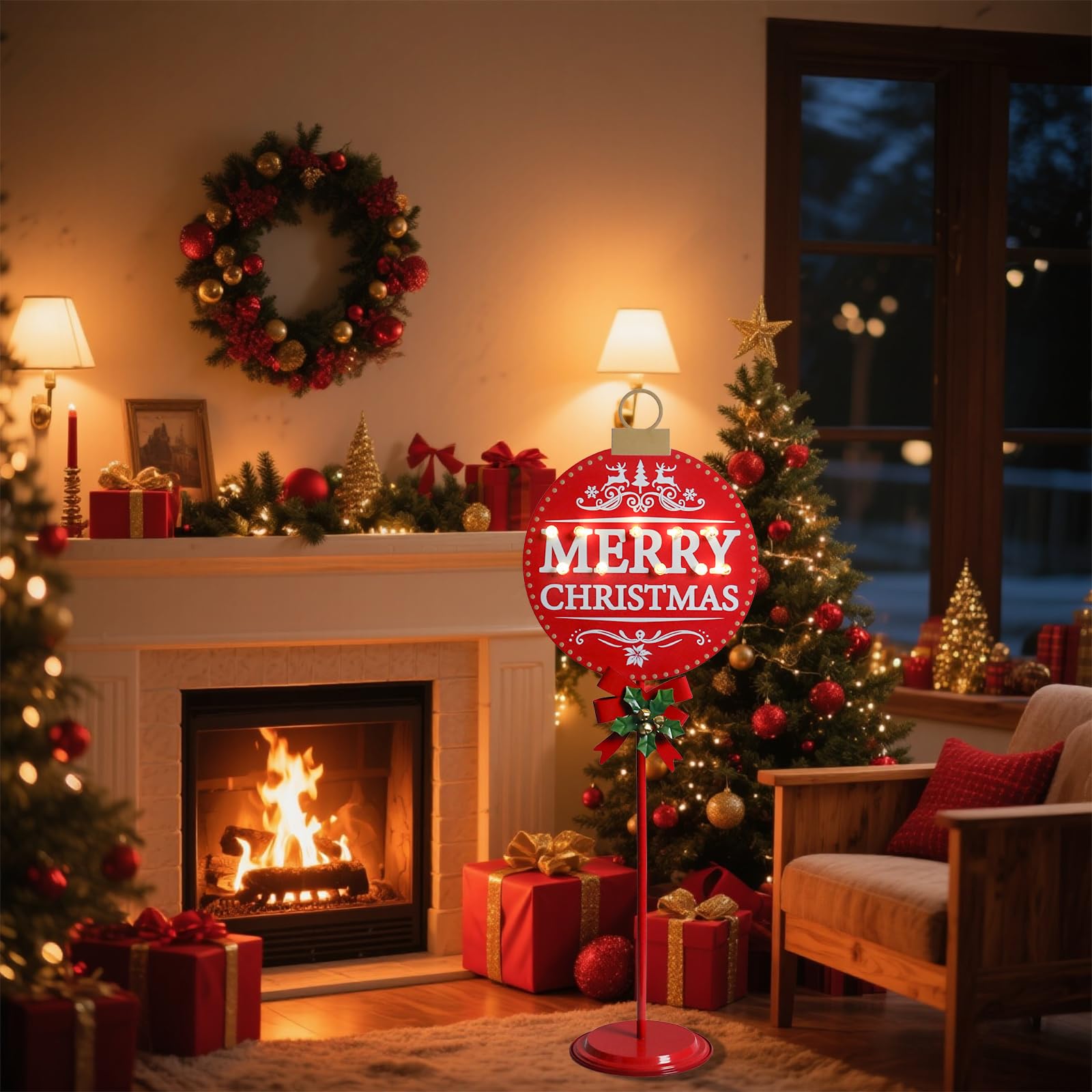 VCUTEKA Merry Christmas Sign with LED Light, 31.5 inches, Metal, Round, Battery Operated with Timer for Outdoor Yard Decor