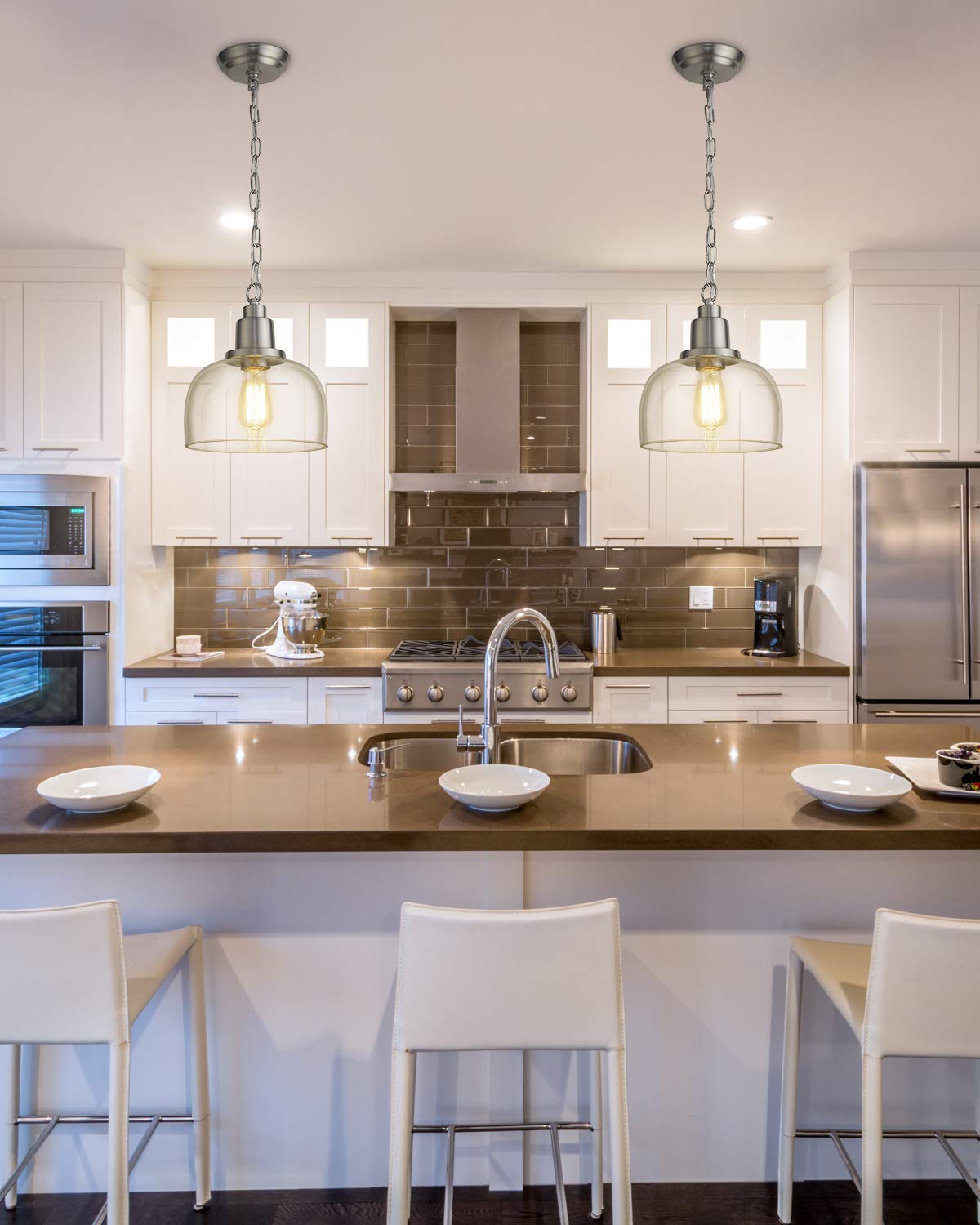 Eapudun Modern Farmhouse Pendant Light, 1-Light Brushed Nickel With Clear Glass Shade