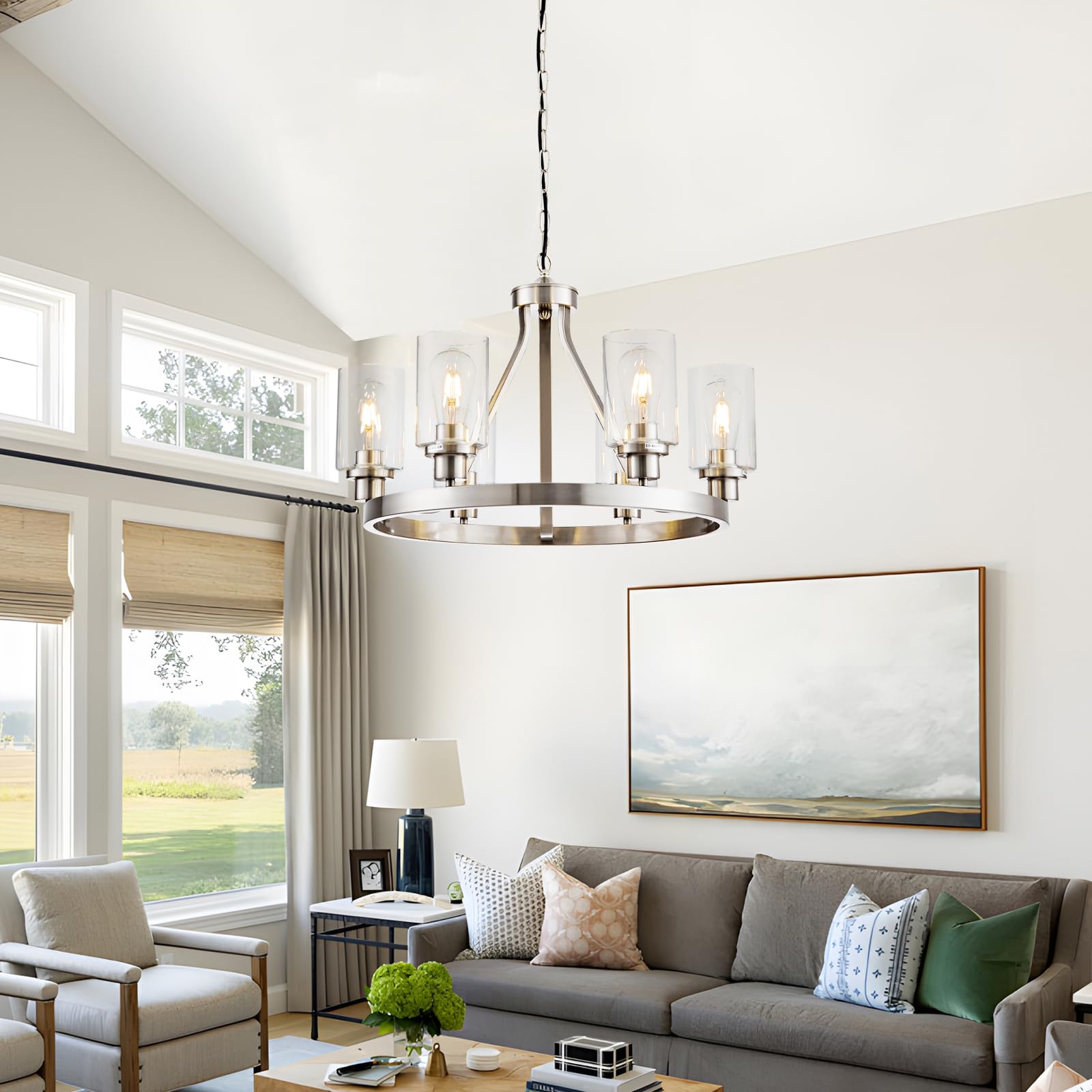 Hccz 6-Light Brushed Nickel Wagon Wheel Chandelier With Glass Shade For Dining Room & Living Room