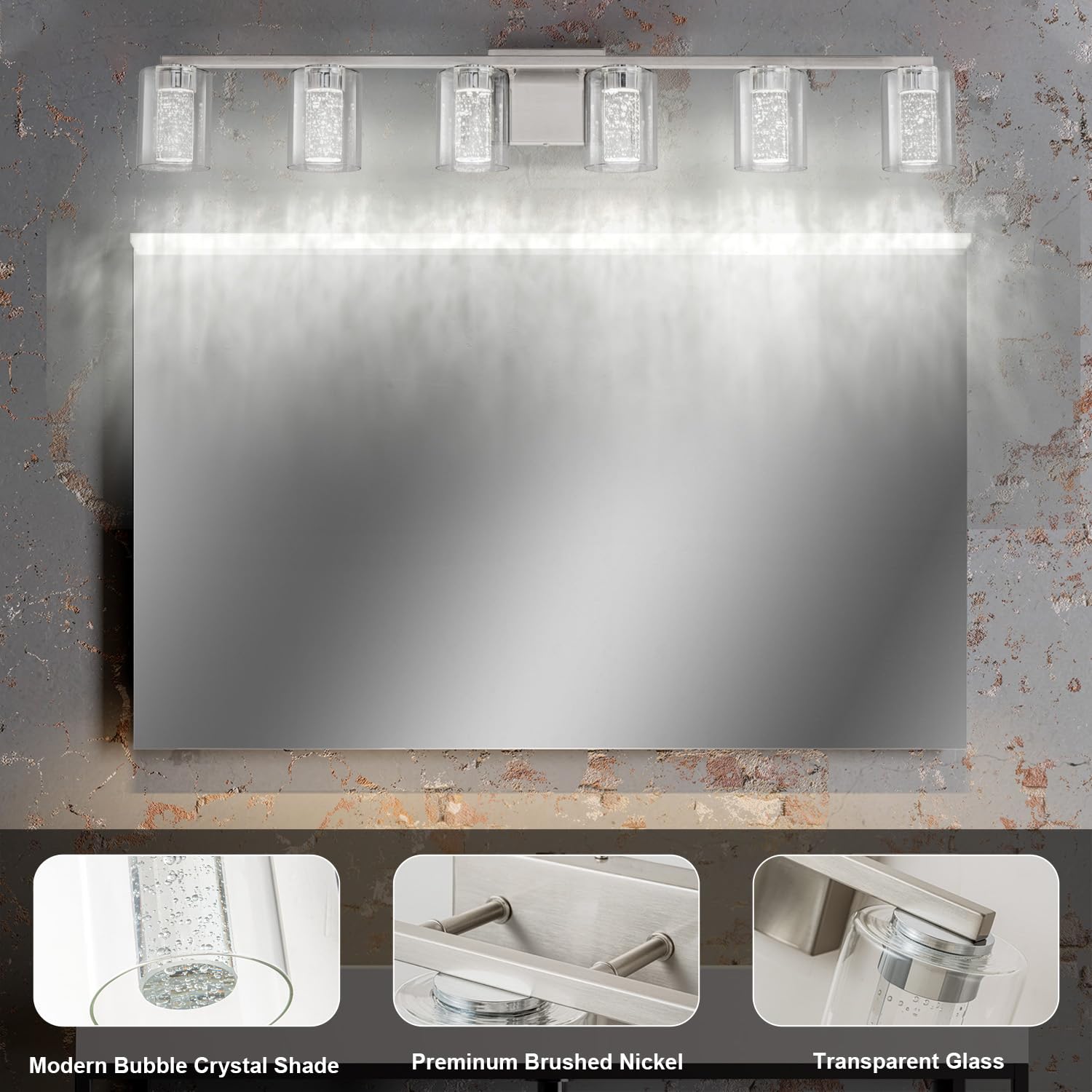 SineRise 6-Light Brushed Nickel Vanity Light, Dimmable LED Fixture with 3 Color Modes, Modern Design, Eye Protection, Model da61a593