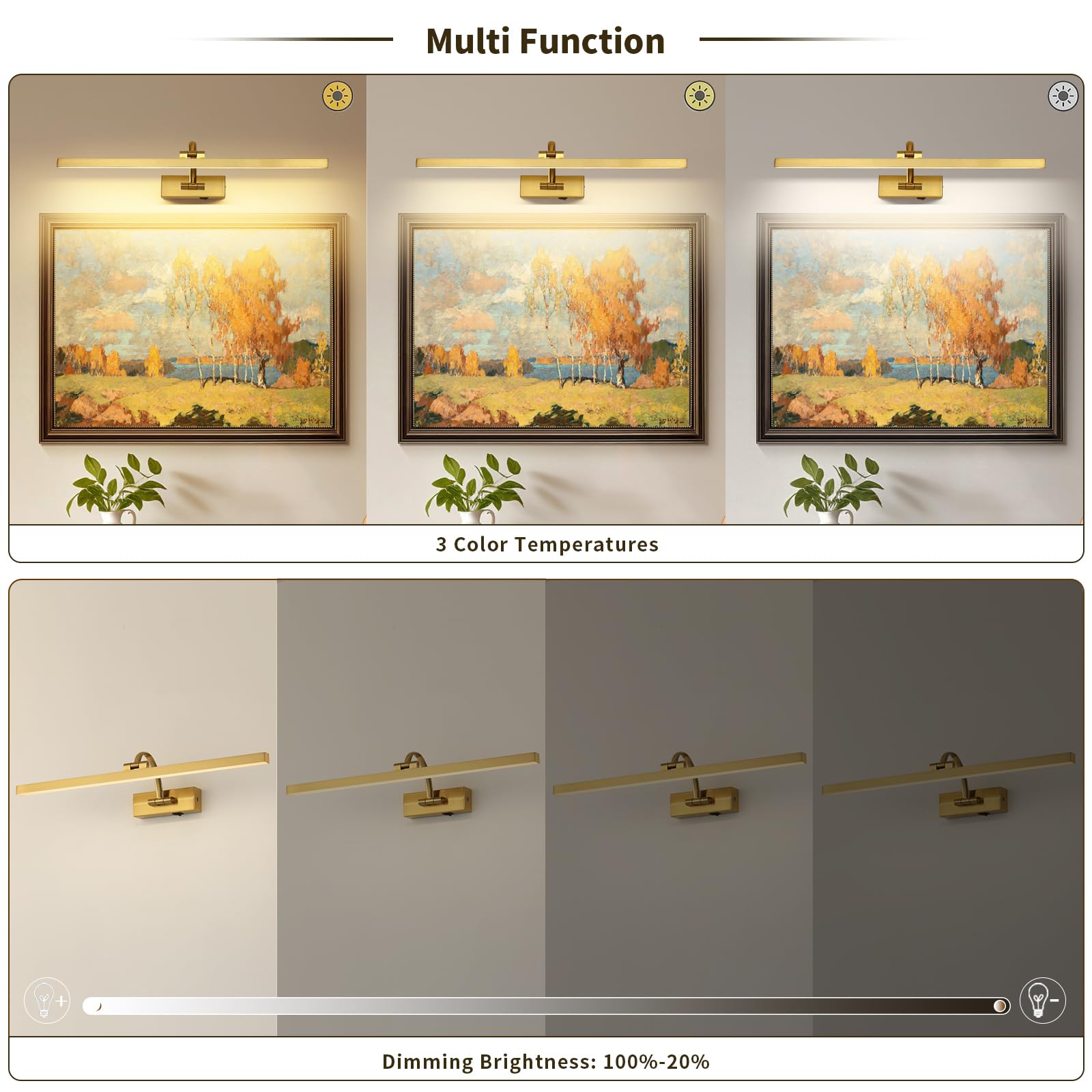 DESOOP Wireless Picture Lights, 23.62" Brass Art Lighting, Battery Operated, Dimmable with Remote, Acrylic, Model 9862