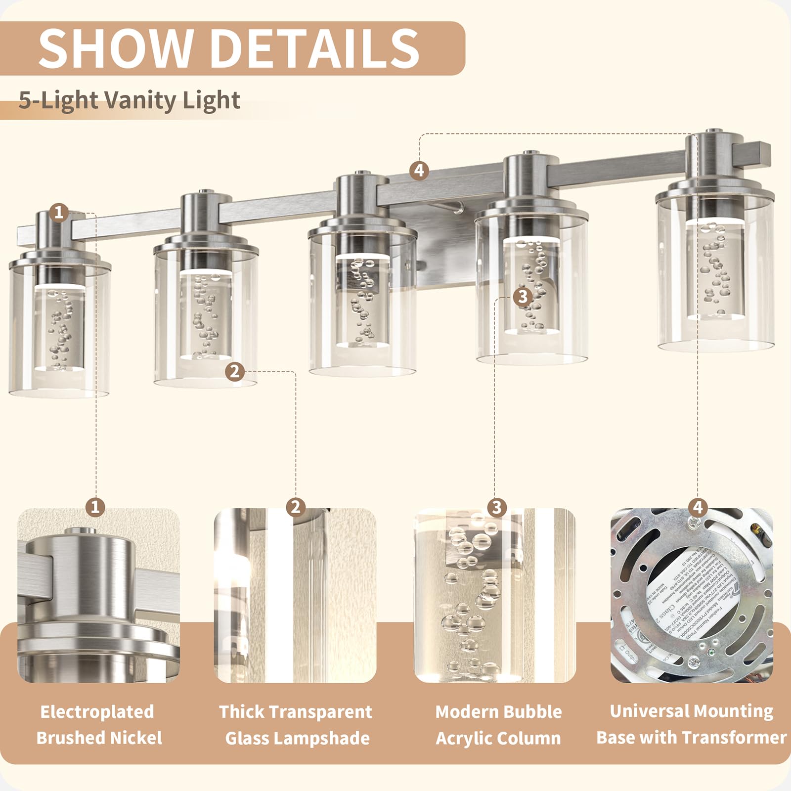 Quntis 5-Light Bathroom Vanity Light Fixtures, Brushed Nickel, Dimmable with Glass Shade, Includes Bulbs, Model 5-Light