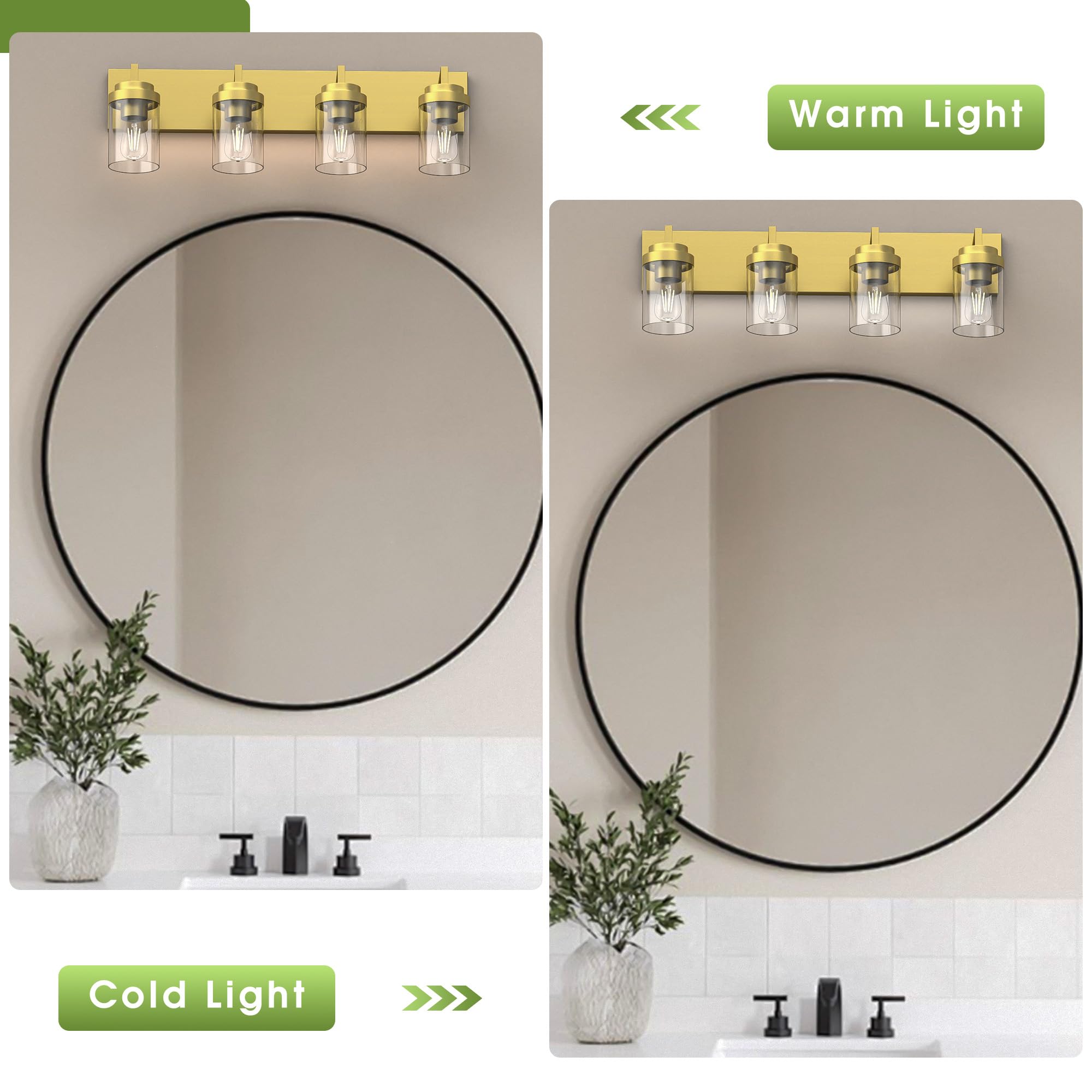 Espird Bathroom Vanity Light, 4-Light Brass Fixture with Glass Shades, Model L08-4-TONG