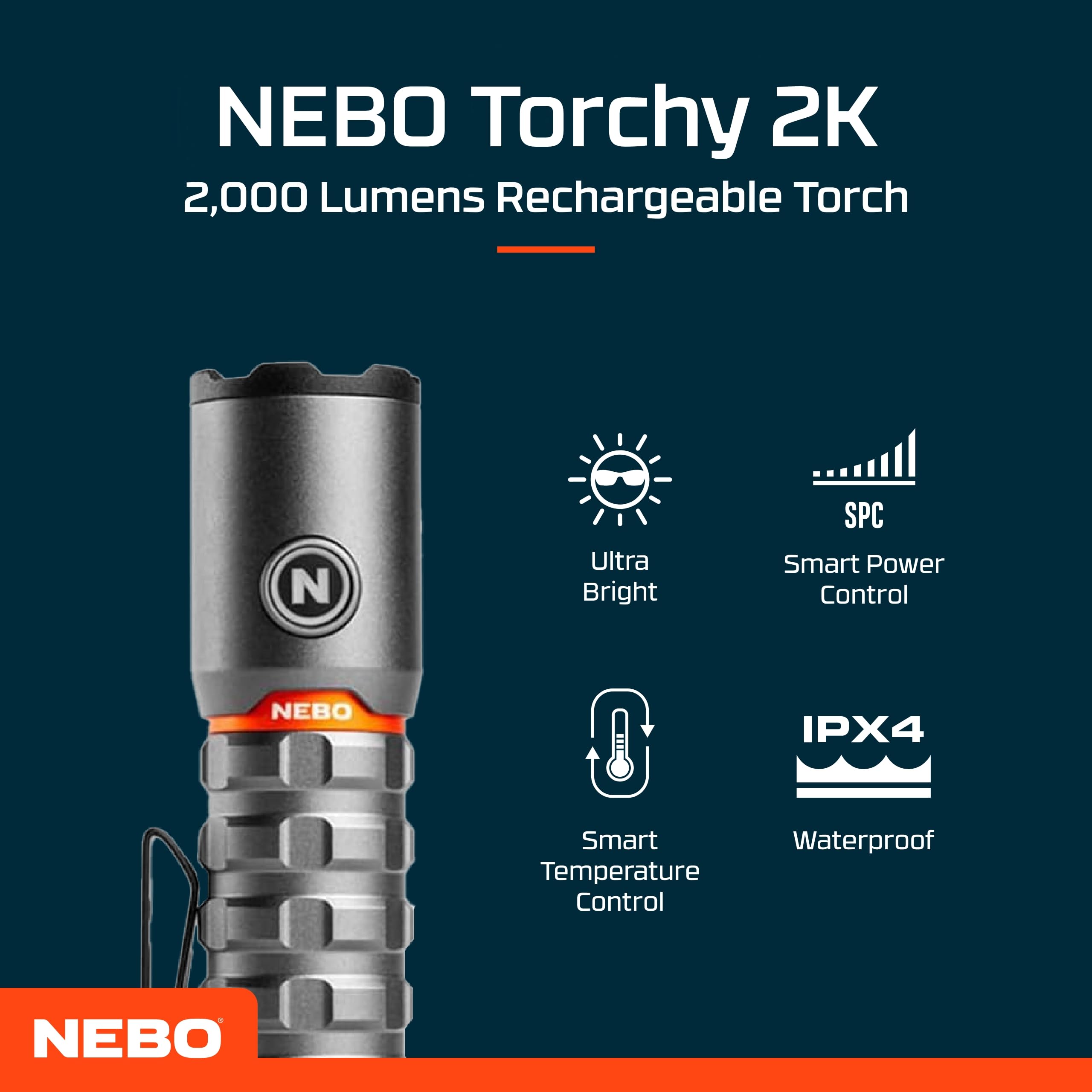 NEBO Torchy 2K 2,000 Lumen LED USB Rechargeable Torch - Up to 30 Hours, 5 Light Modes, Water Resistant, Steel Belt Clip, Mag Doc