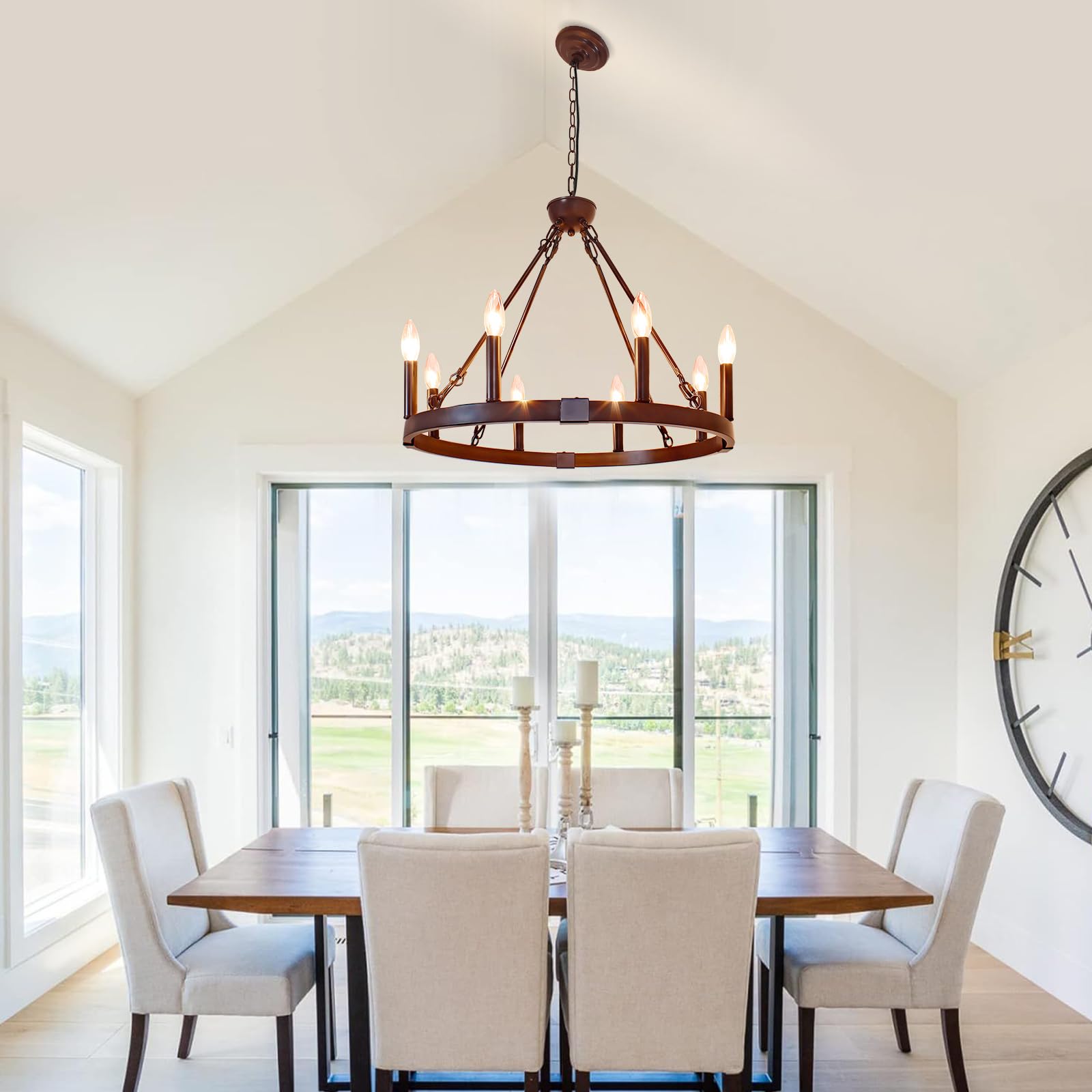 Rviezza 8 Light Wagon Wheel Chandelier, 23.6'' Oil-Rubbed Bronze Dining Room Light Fixture With Adjustable Height, Industrial Ha
