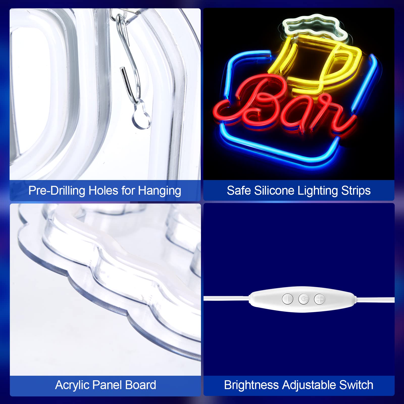 FITNATE Neon Bar Sign - Adjustable Brightness LED Light, USB Powered, Acrylic Wall Decor, Blue