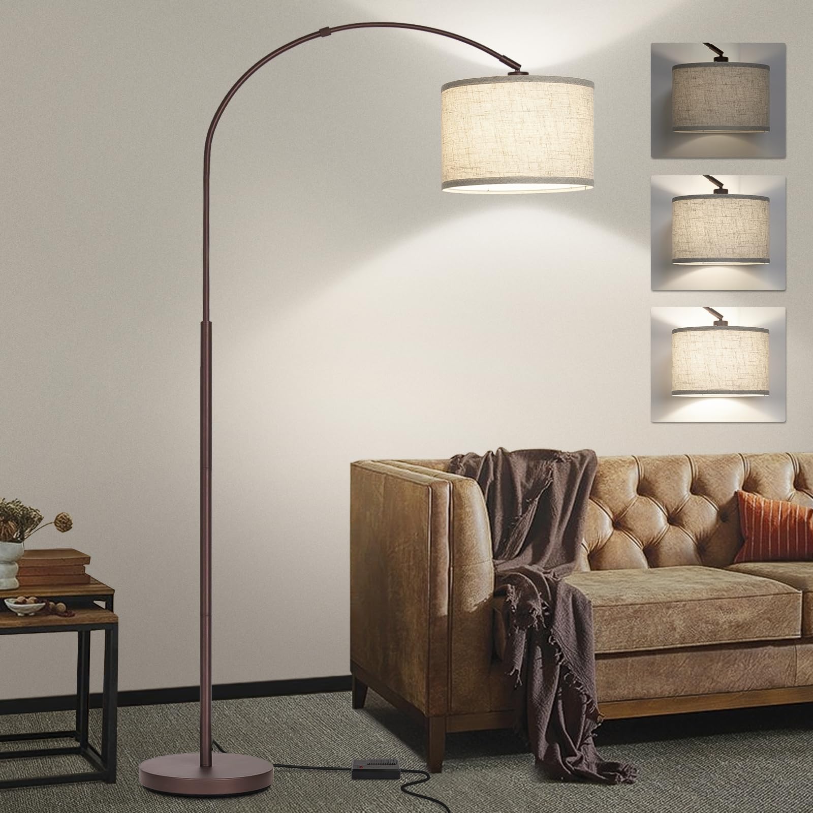 Dimmable Arc Floor Lamp, Floor Lamps for Bedroom, Farmhouse Standing Lamp with Adjustable Hanging Shade, Brown Tall Pole Lamp, M