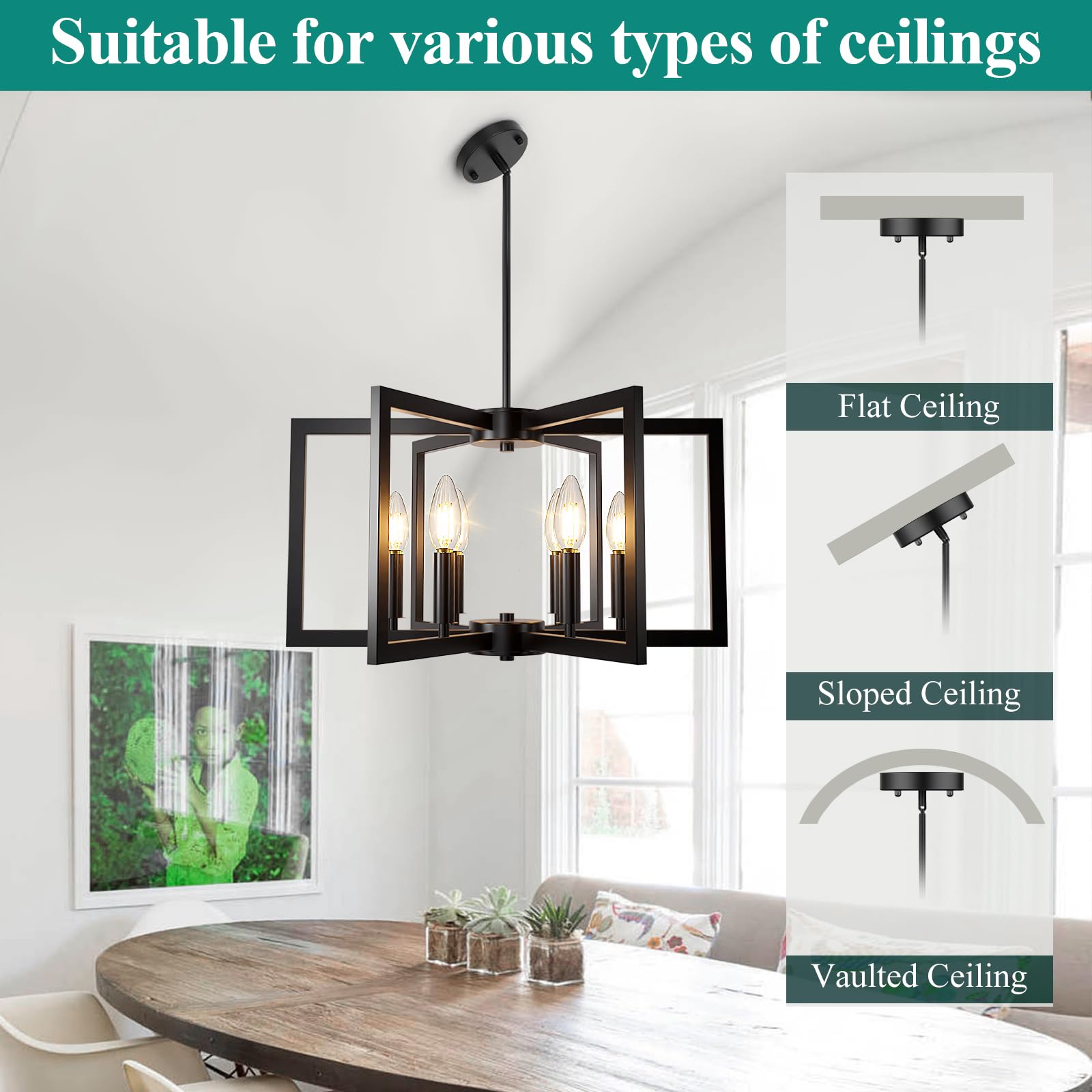 Bairth 6-Light Black Metal Chandelier, Modern Farmhouse Lighting Fixture for Dining Room, Foyer, Kitchen, Model D3201-06-BK