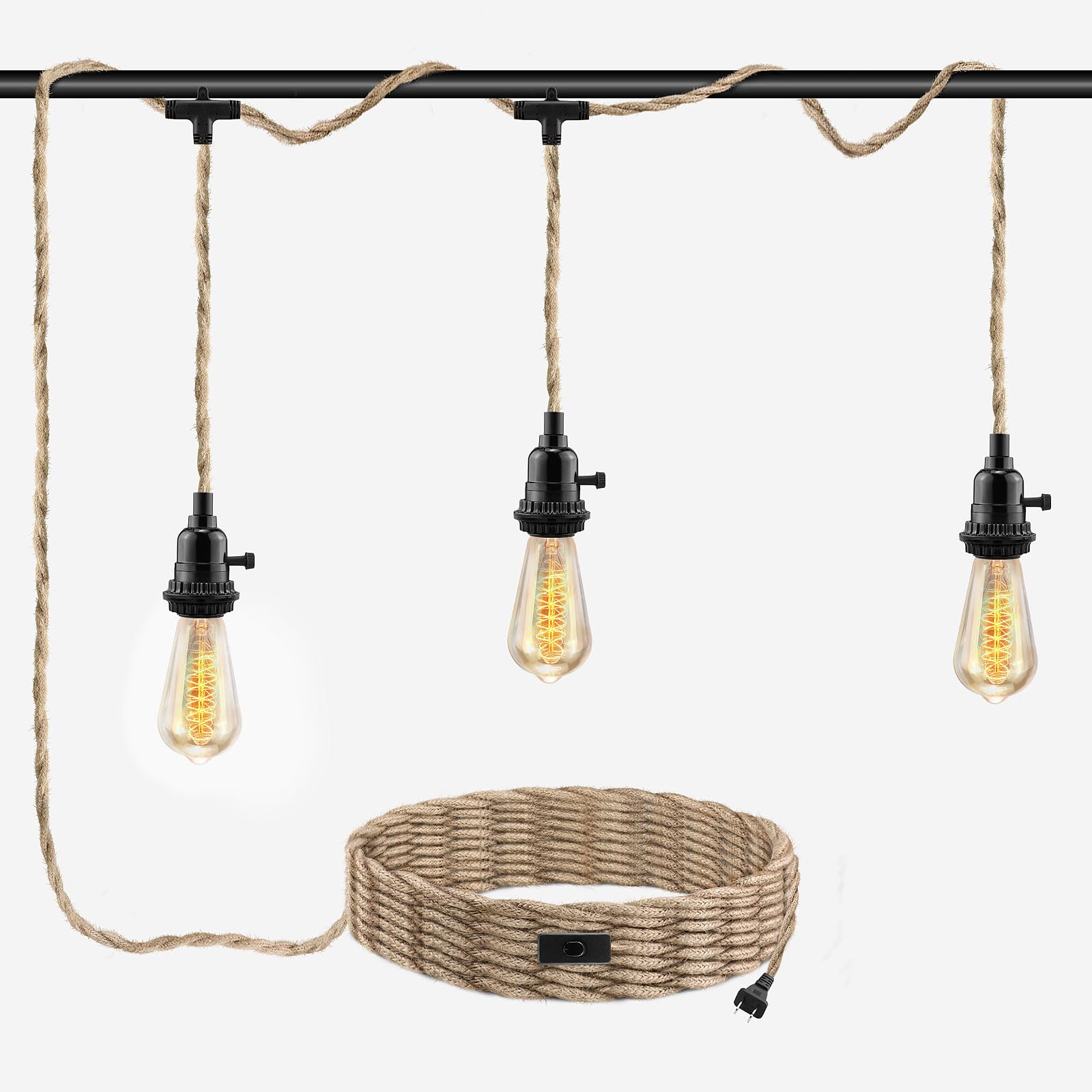 Lyoowng 3 Light Plug In Pendant Light Cord, 25Ft Hanging Lights With Plug In Cord, Hemp Rope Hanging Light Kit With 2 Way Switch