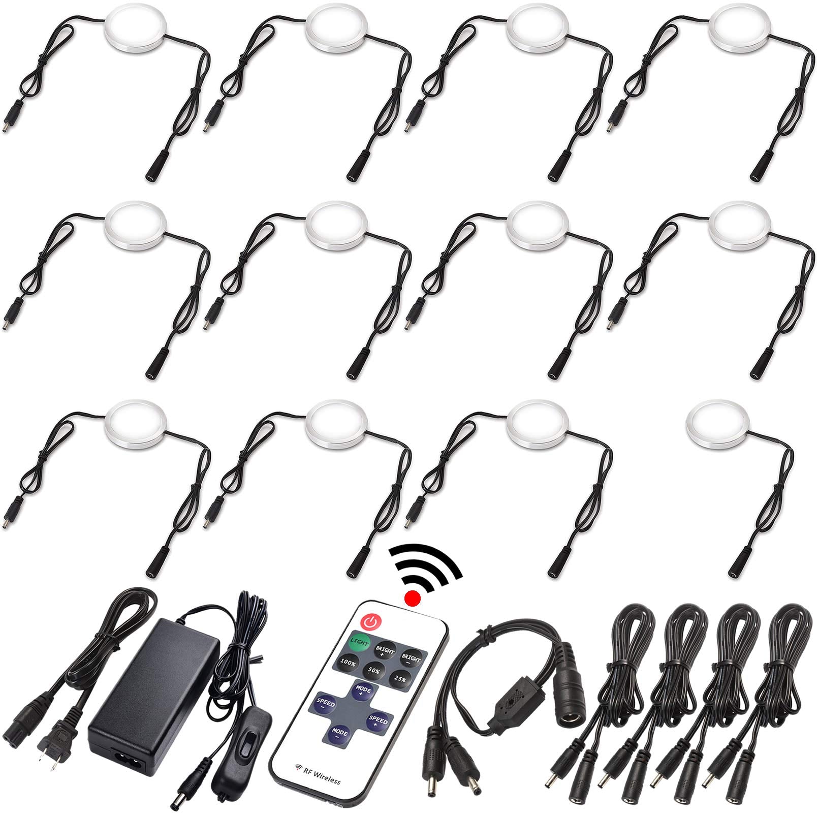 Lvyinyin LED Puck Lights Kit, Dimmable, RF Remote Control, Hardwired & Plug-in, 12 Lights, Daylight, Model 023-12-CW-H