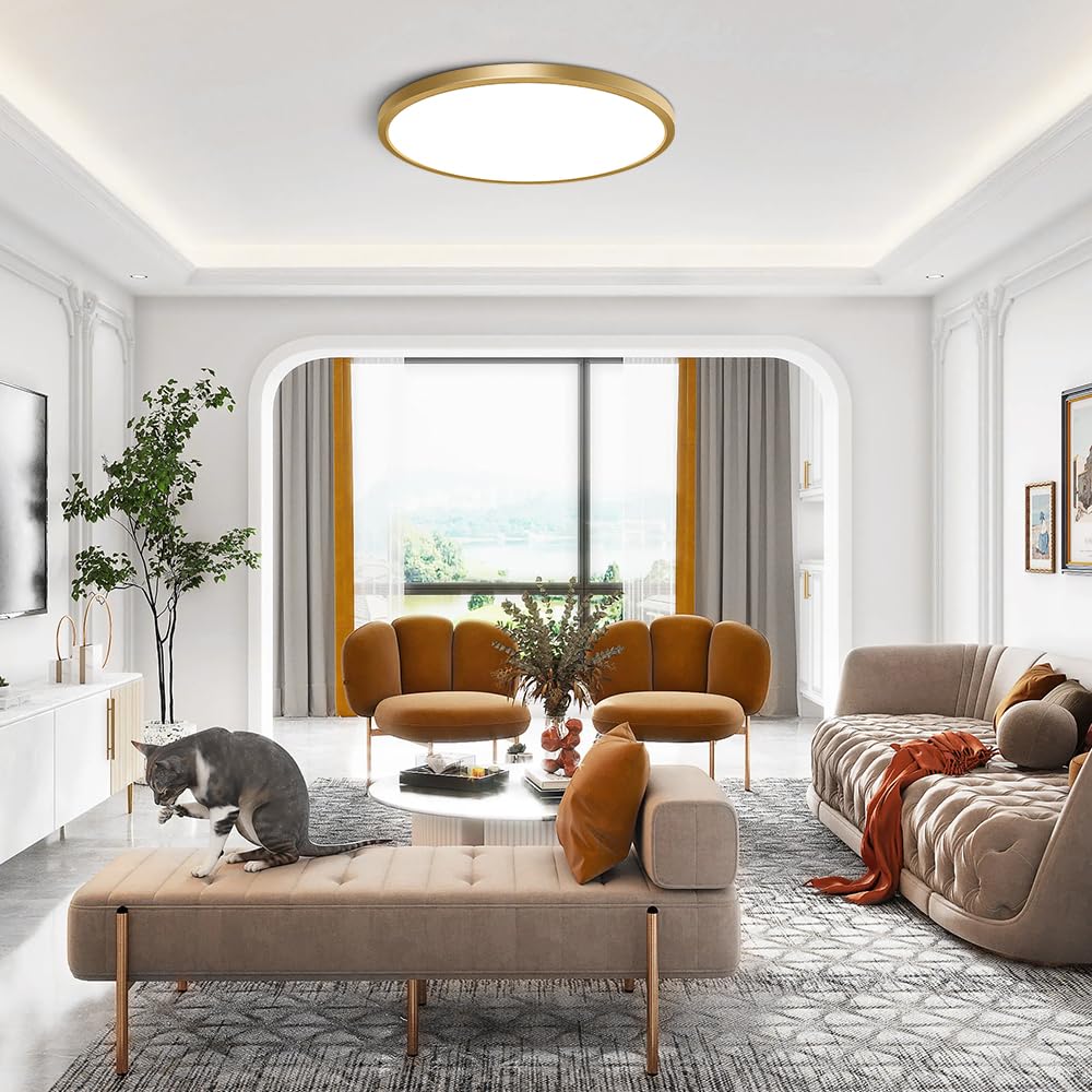 Fletergib 12 Inch Gold Led Ceiling Light, 5000K Daylight White, 24W Gold Flush Mount Ceiling Light, 3200Lm Round Low Profile Ceiling Lights For Bedroom, Living Room, Dining Room