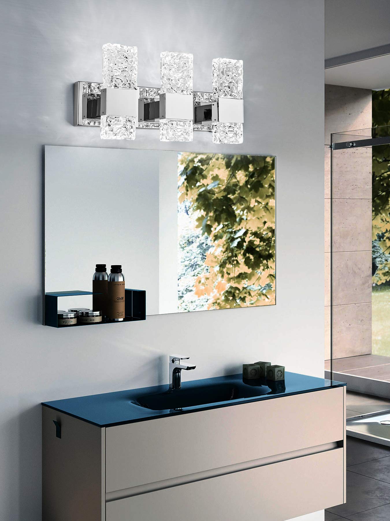 OYLYW Modern LED Bathroom Vanity Light Fixture, Chrome Stainless Steel, 3 Light Wall Sconce, 21.5 Inch, Model JQ1428-3TS, Cool White 5800