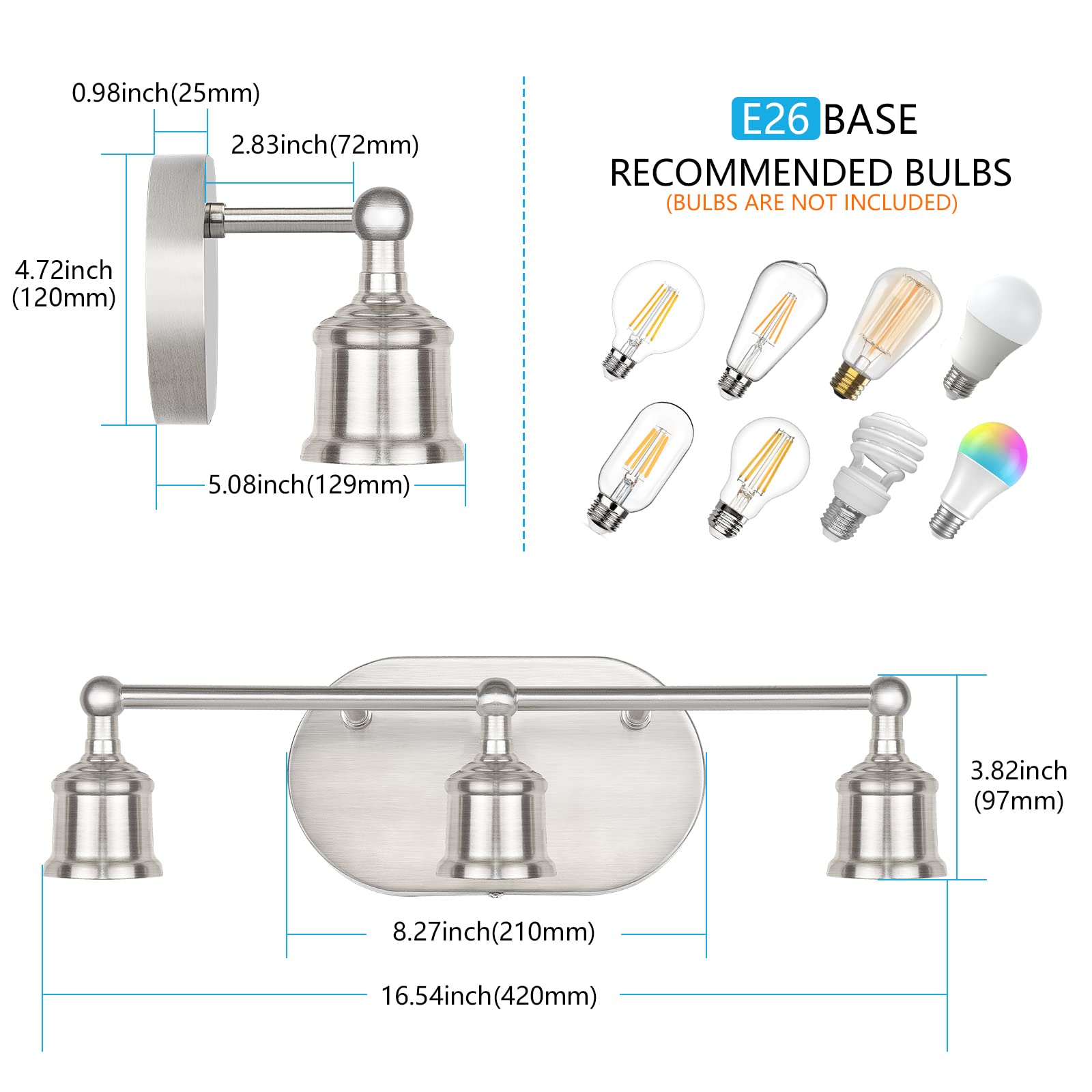Maxvolador Bathroom Vanity Light, 3-Light Brushed Nickel Vanity Lighting Fixture, Modern Wall Sconce Lights, Wall Mount Over Mir