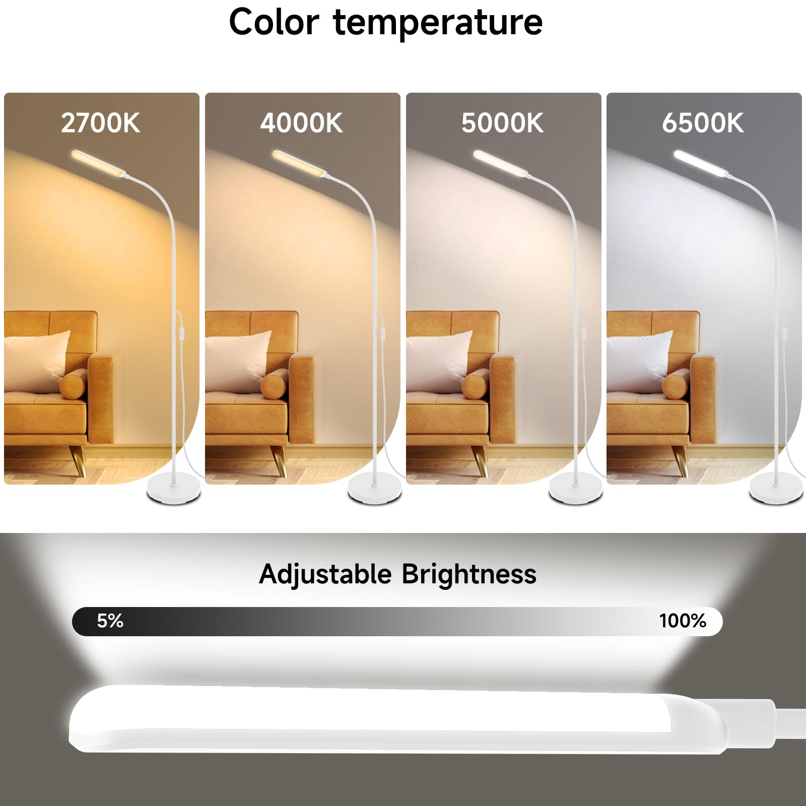 White Led Floor Lamp, 18W 1800Lm Super Bright Dimmable Floor Lamps For Living Room Bedroom With Timer, Stepless Adjustable 2700K