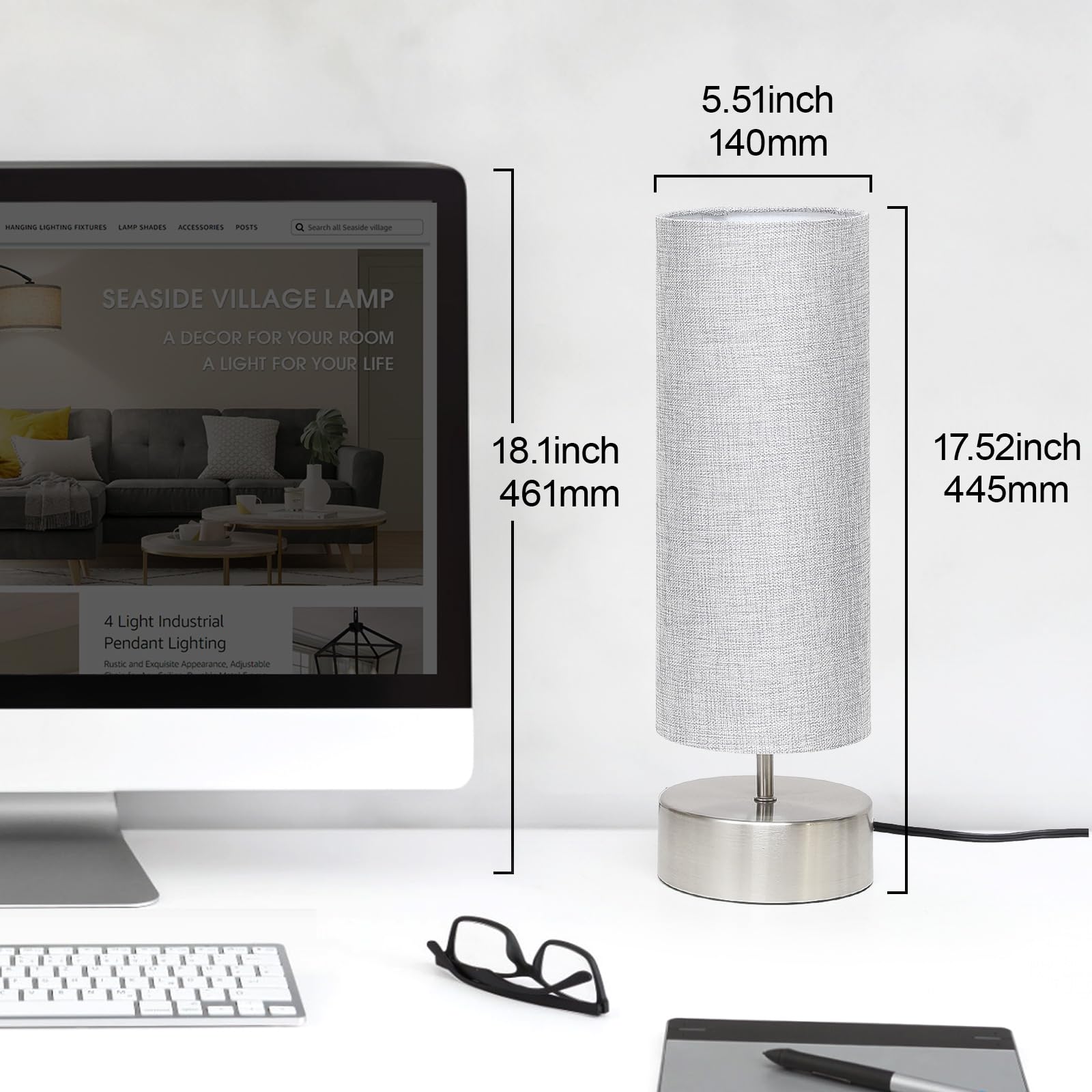 Seaside Village Bedside Touch Lamp - 3 Way Control, Gray Shade, Silver Base, 5.51X5.51X17.52 In, Led Bulb Included, Model 130