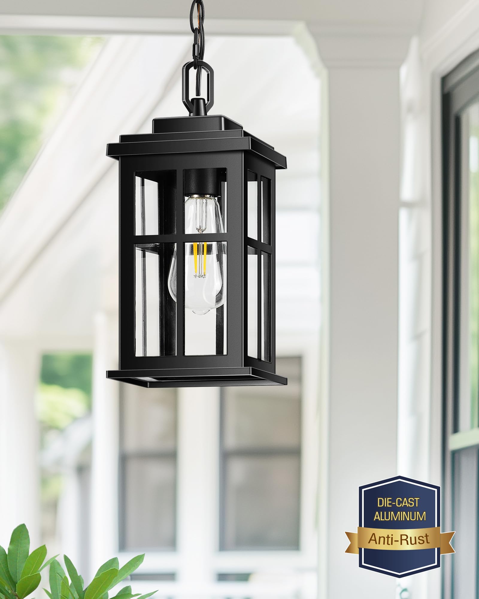 Opaxis Black Outdoor Pendant Lights For Porch, Modern Hanging Porch Light, Waterproof Outdoor Pendant Lights With Tempered Glass