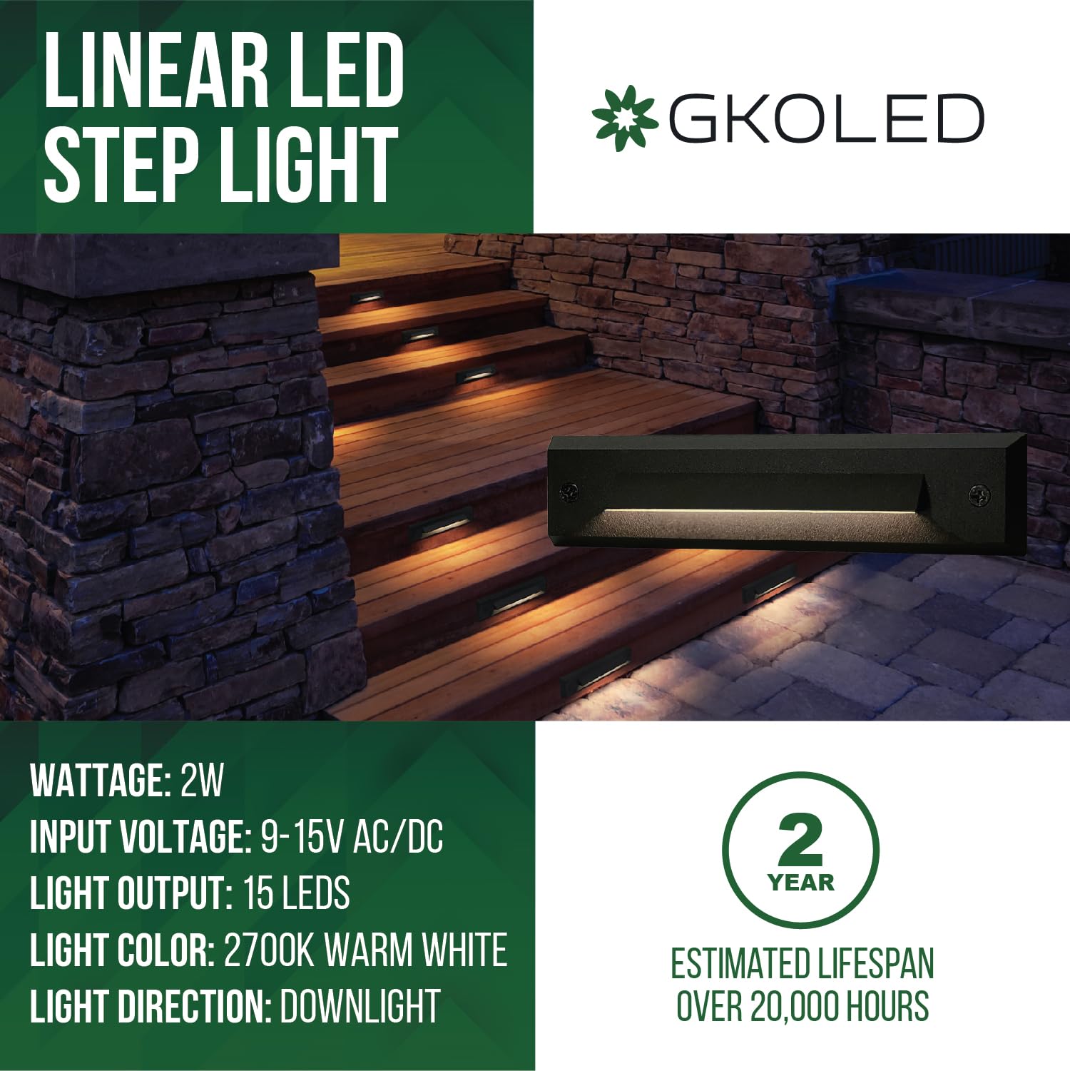 Gkoled 6-Pack 2W Low Voltage Led Step Lights, 2700K Waterproof Aluminum Stair Riser Lights