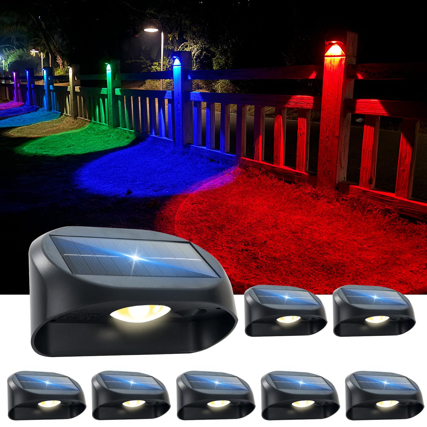 Solar Fence Lights Outdoor Waterproof, Outdoor Halloween Decorations Lights With Warm White & Rgb Modes, Outdoor Wall Light Fixtures For Backyard, Patio, Deck Railing, Pool, Wall (Wrgb 8 Pack)