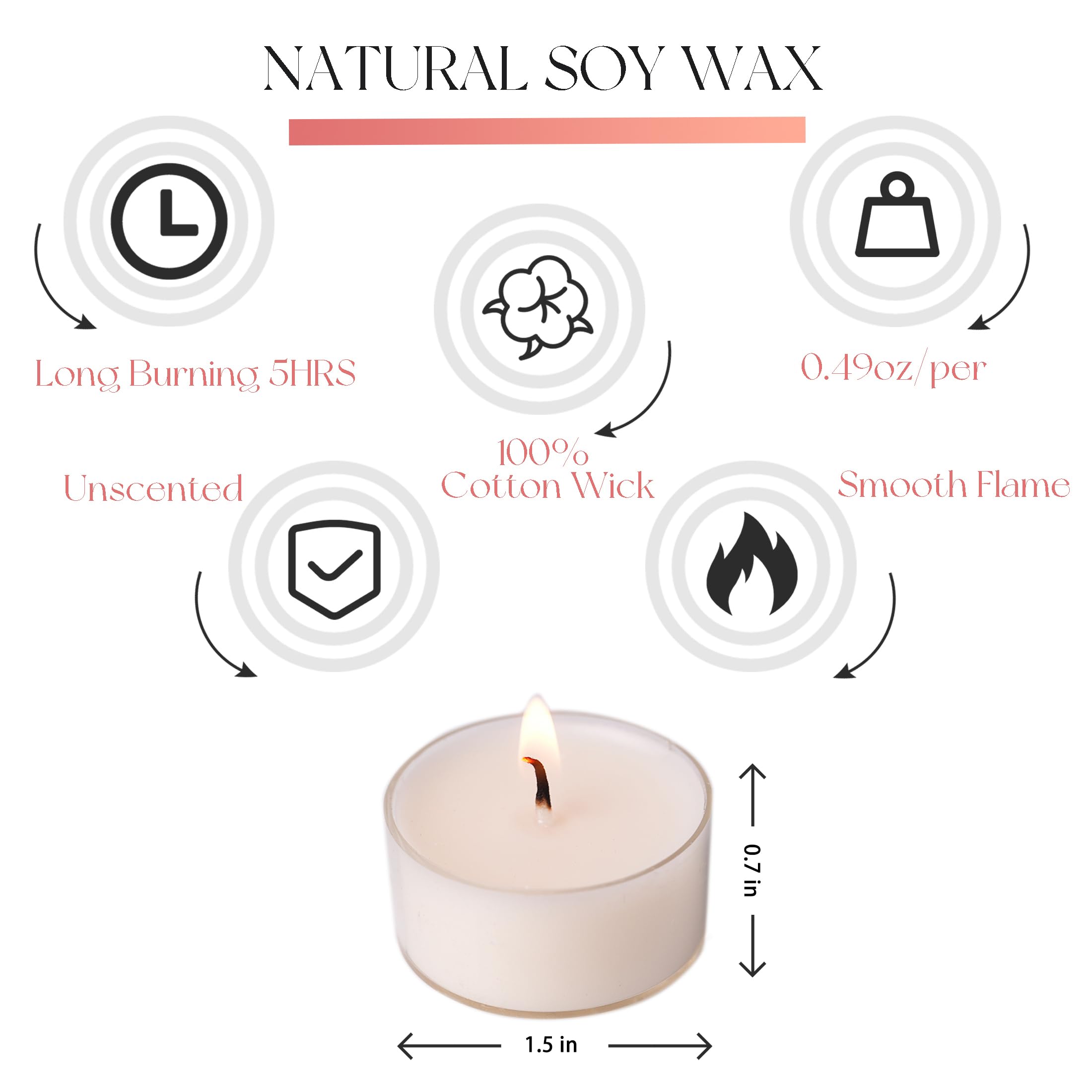 MUUFAZA Soy Tealight Candles, 12 Pack, Unscented, Hand-Poured, Purple, 5H Clean Burning, Model TLW58