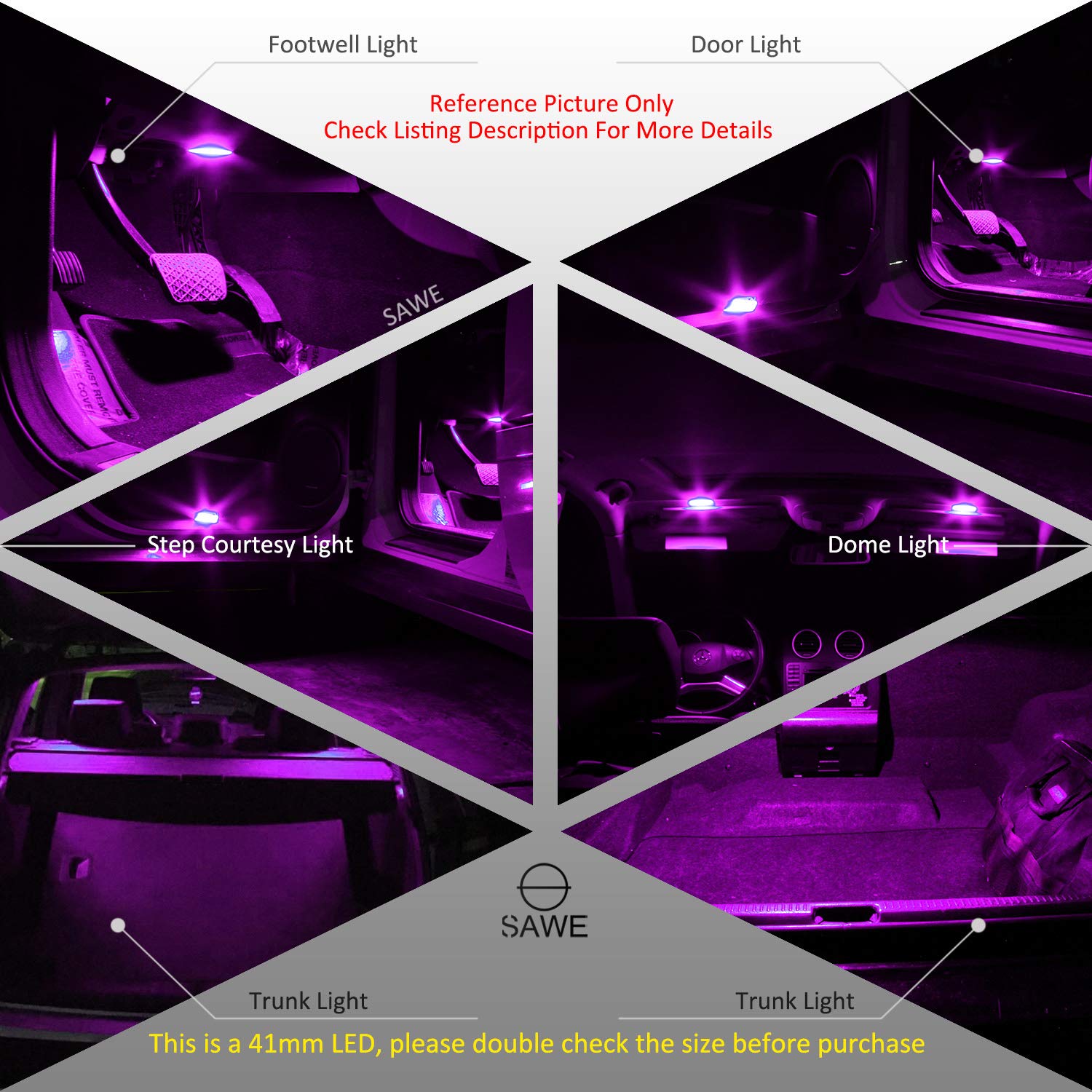 SAWE 1.72in 6-SMD 5050 Festoon LED Bulbs for Dome Map Light, Pack of 4, Pink/Purple