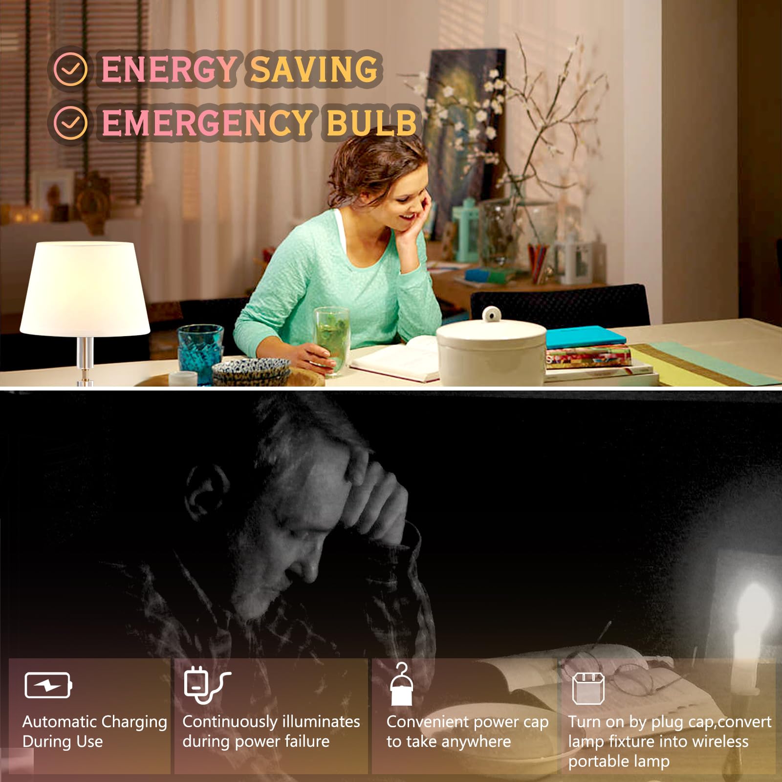 6 Pack Rechargeable Emergency Light Bulbs, Battery Powered Led Light Bulb 6000K Daylight E26 12W 60W Equivalent With 1500Mah For