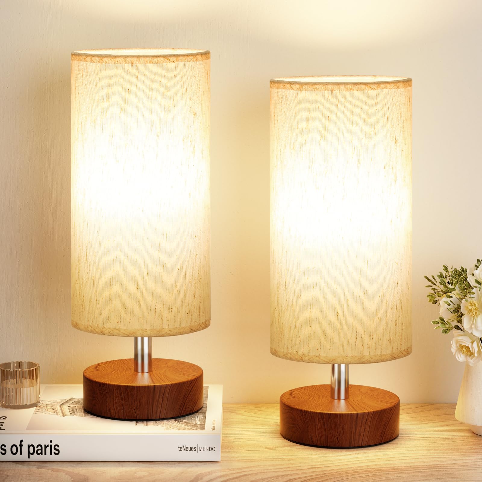 PartageiZ Small Table Lamp Set of 2 - Cream Shade, Walnut Base, 11.6in Inline Control, Ideal for Bedroom, Living Room, Office