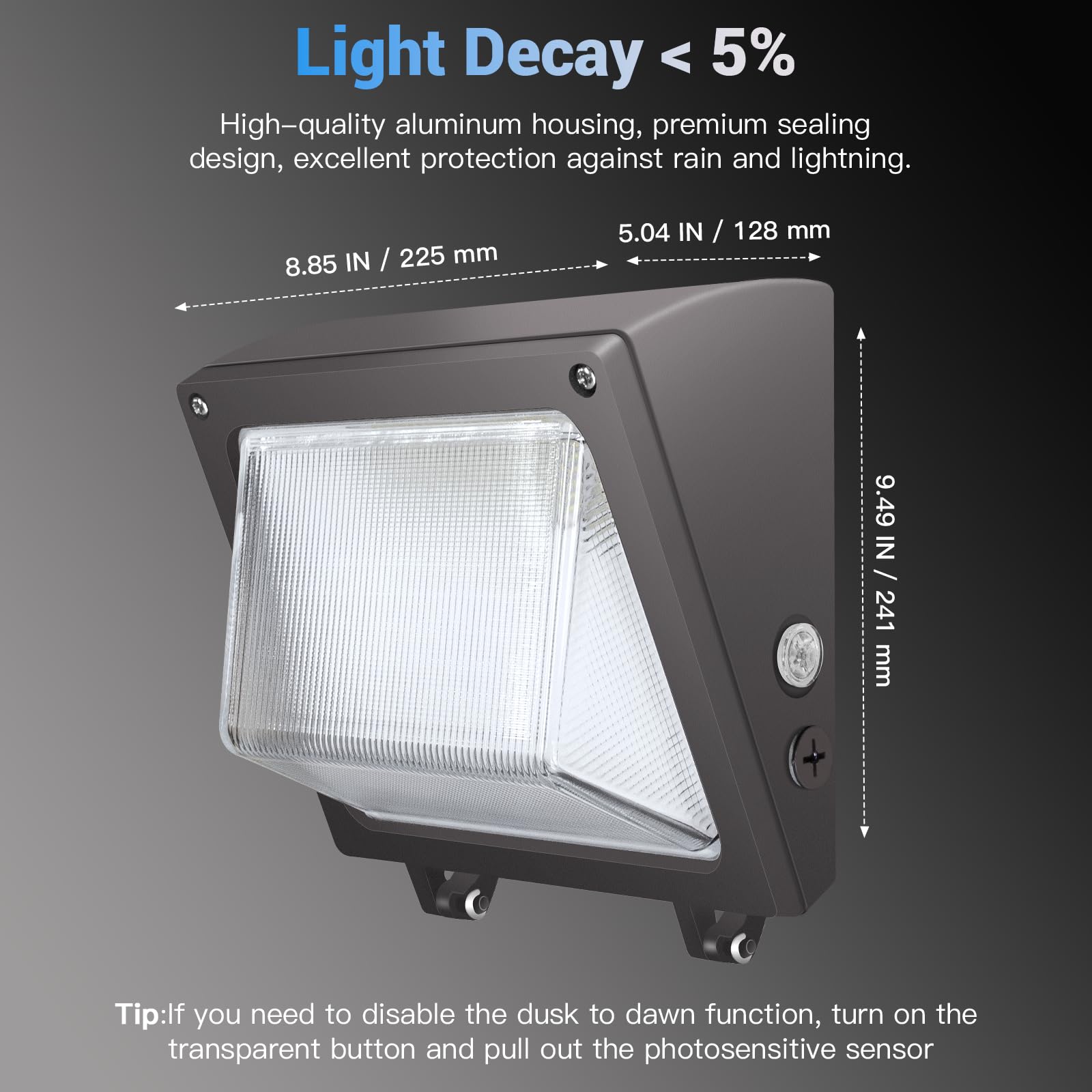 Jtt Led Wall Pack Lights Outdoor With Dusk To Dawn Photocell, Selectable 75W/60W/45W, 9750Lm/7800Lm/5850Lm, 6000K/5000K/4000K,Wa