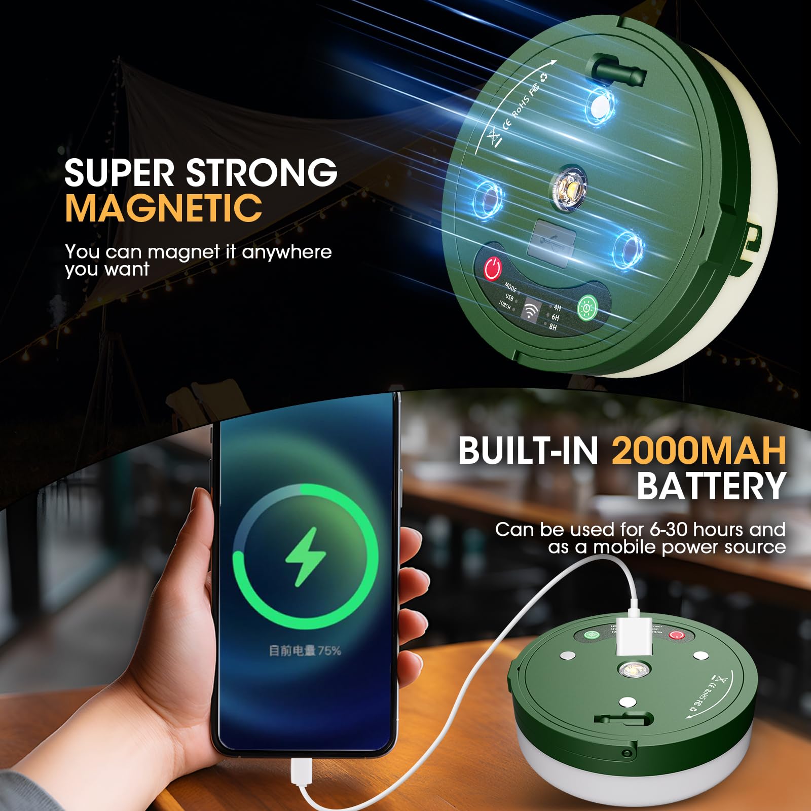 Camping String Lights,Outdoor String Lights with 6 Lighting Modes(32.8Ft), 3 Adjustable Brightness and USB Rechargeable with Rem