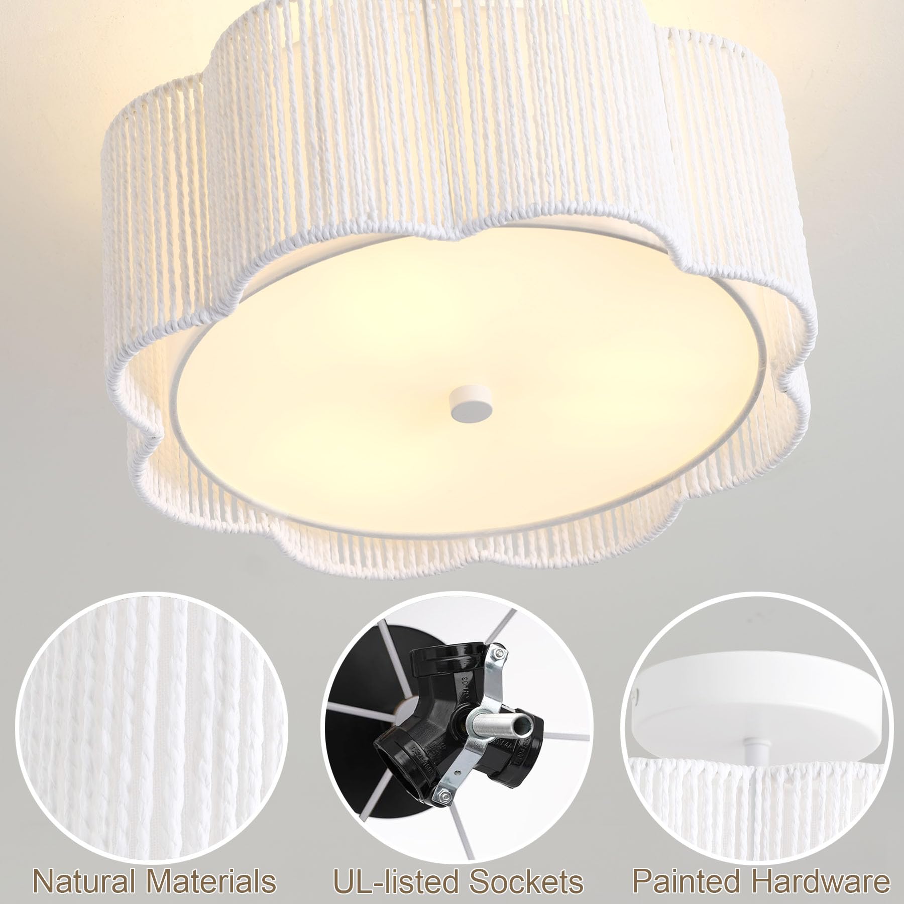 Giutna Rattan Ceiling Light Fixture, 3-Light Boho Design, 13.4" Flush Mount, White, Modern Chandelier for Bedroom, Hallway, Kitchen