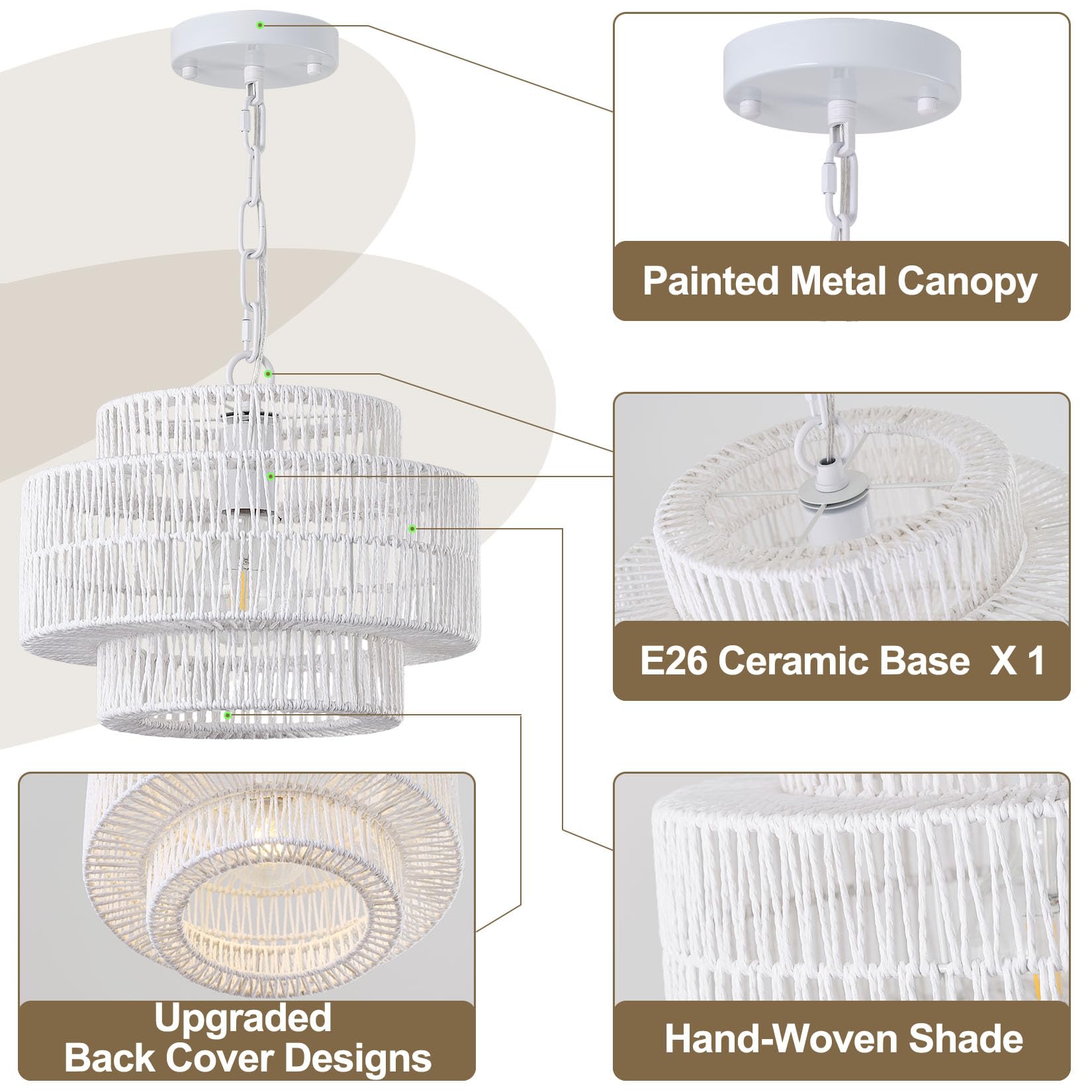 Giutna 12.4'' Large Boho Rattan Farmhouse Chandeliers For Dining Room, Rattan Hand-Woven Rustic Drum Chandelier Pendant Light Fi