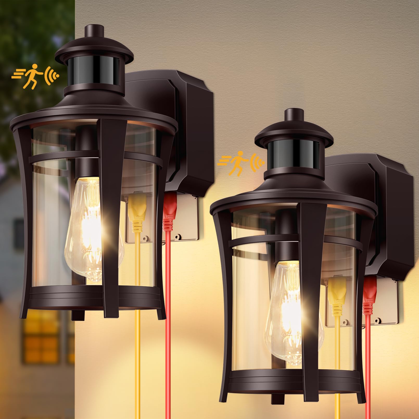 Outdoor Motion Sensor Lights, 2 Pack Porch Lights with Outlet, Dusk to Dawn Exterior Light Fixture, Anti-Rust Waterproof Outdoor