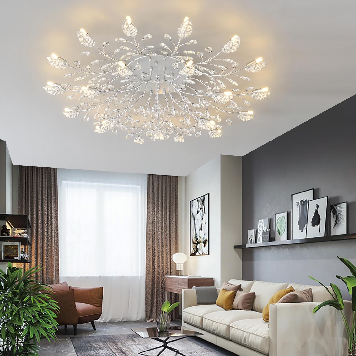 Modern Crystal Ceiling Light Fixture,Semi Flush Mount Chandeliers,Crystal Leaf Ceiling Light,Silvery Chandeliers For Dining Room