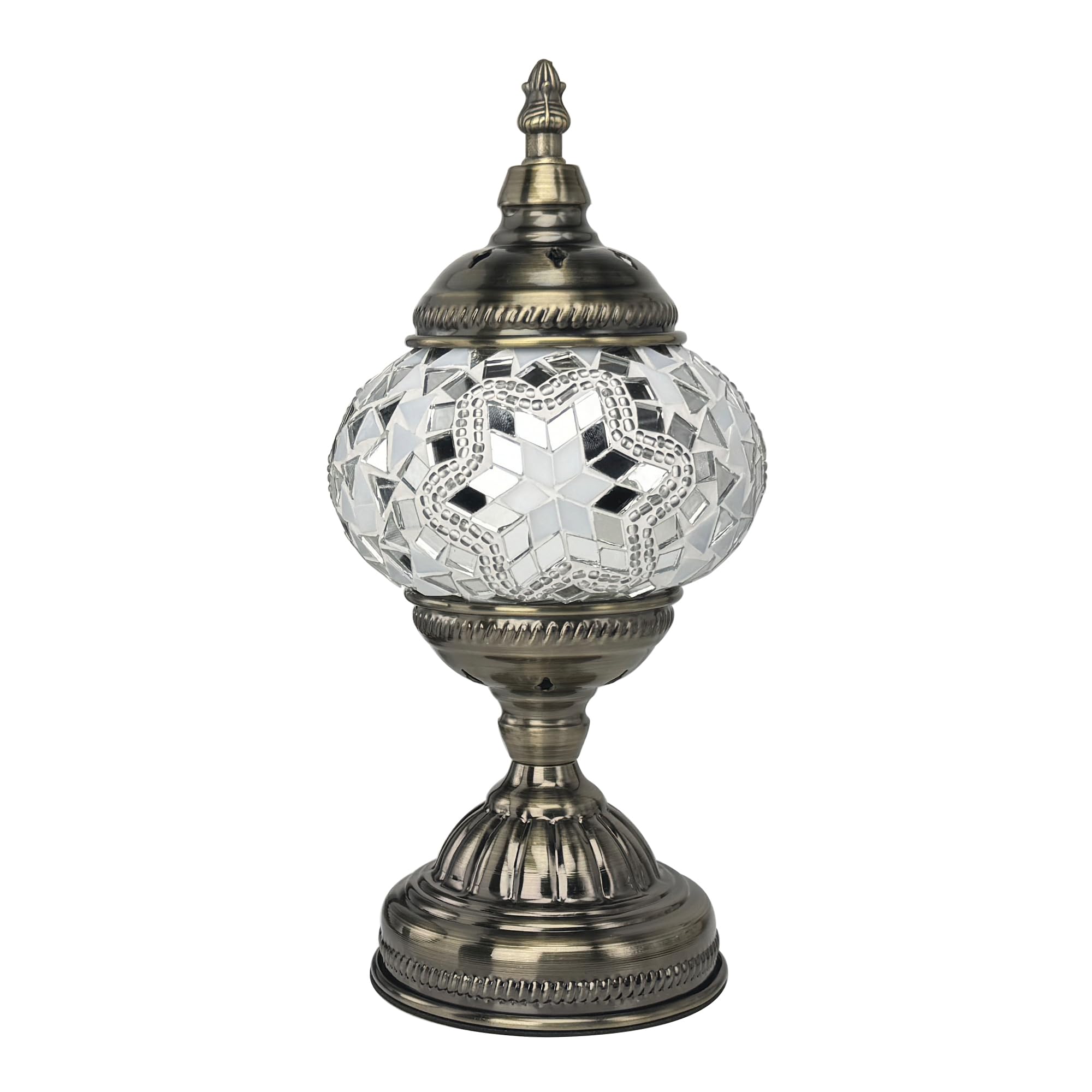 GOGERS Turkish Moroccan Table Lamp Lantern, Handmade Mosaic Glass, Tiffany Style, Bohemian, White 2, Model GS-HH-Y8