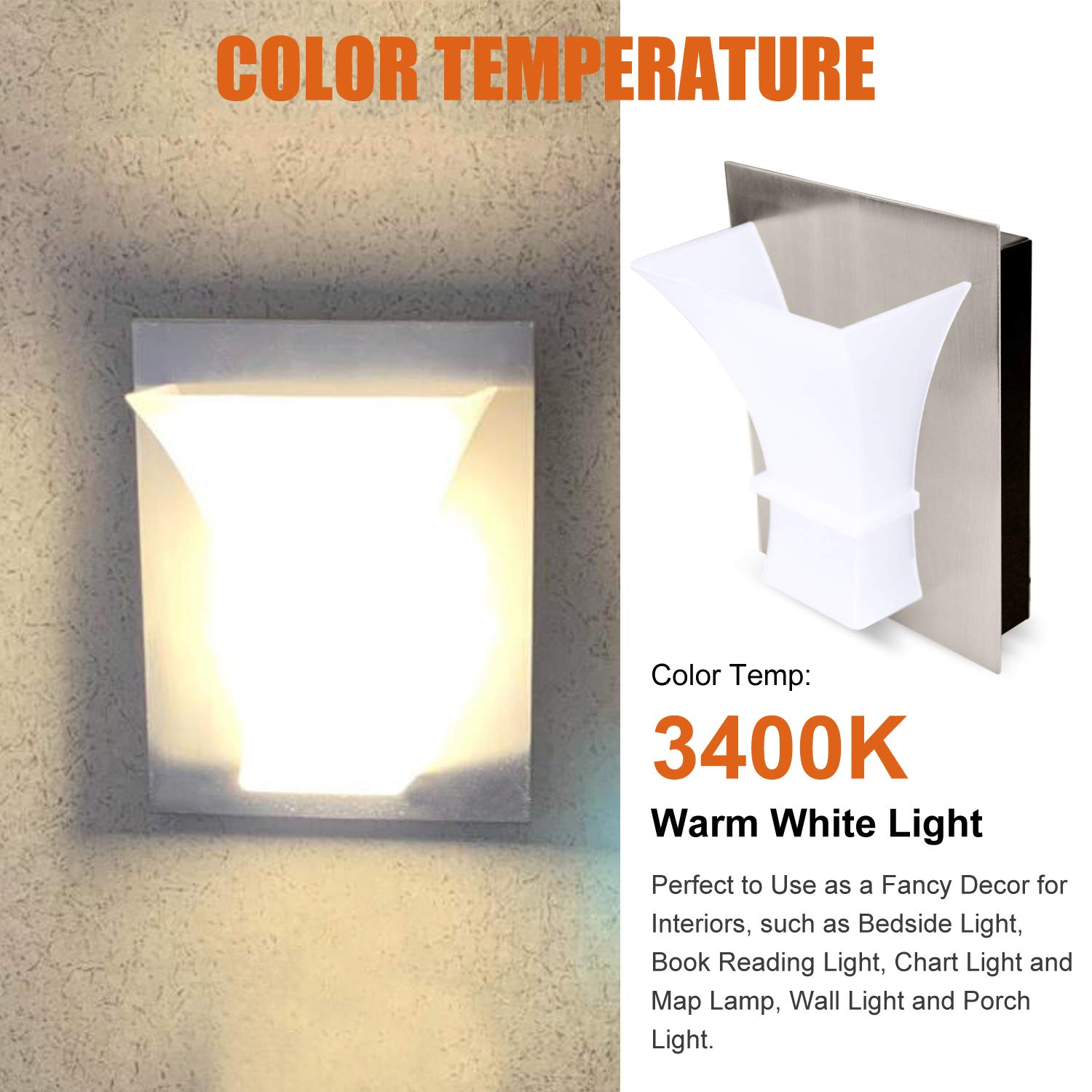 Facon LED RV Vanity Wall Sconce, 12V Reading Light, Aluminum Base, White, Standard Version with Switch, Model WALP-BN