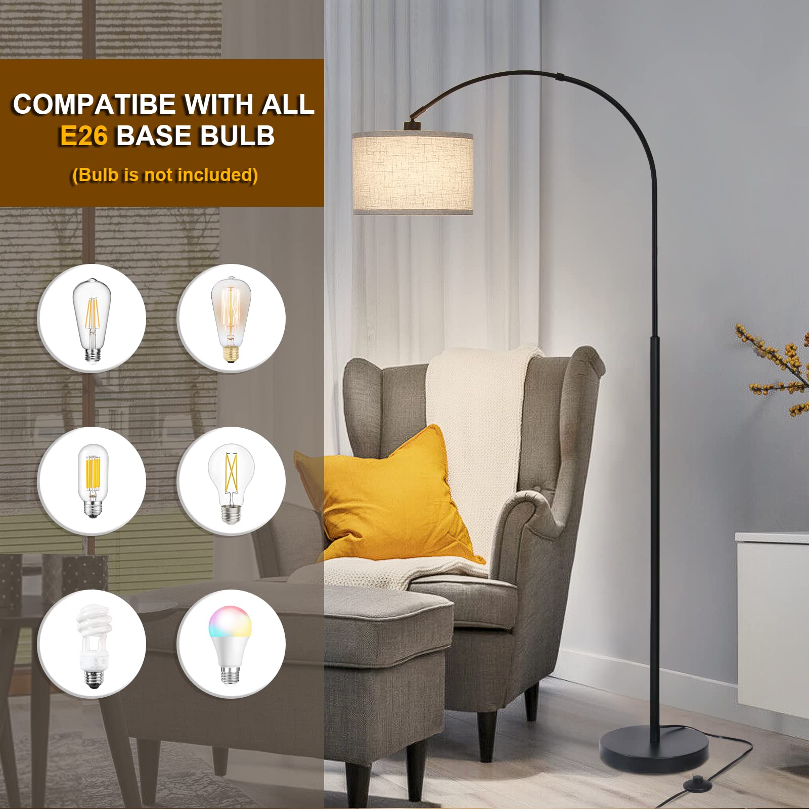Seaside Village Arc Floor Lamp - Modern Black Metal Standing Light with Adjustable Drum Shade, Foot Switch,  Tall Design for Living Room and Office