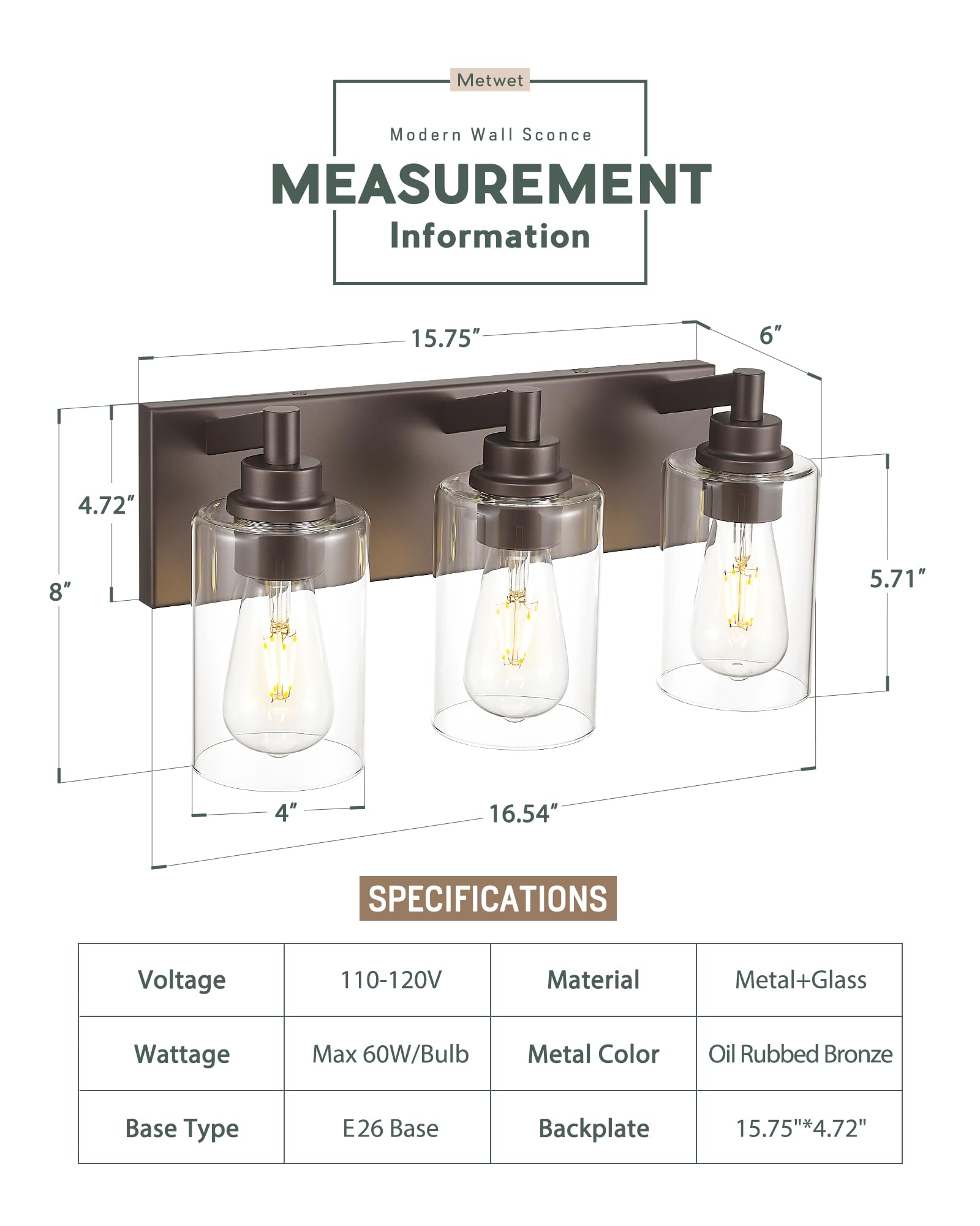 METWET 4-Light Bathroom Vanity Light Fixture, Brushed Gold Metal with Clear Glass Shade, Model VL143-BG-4