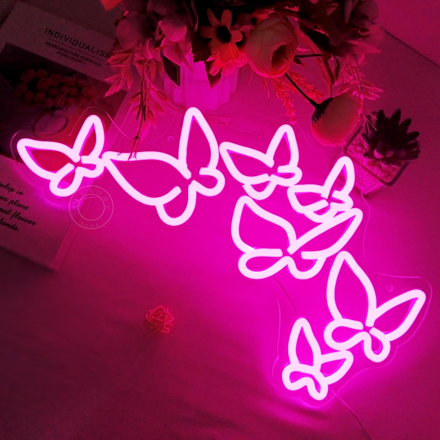 SYLHOME Pink Butterfly LED Neon Light Sign for Kids Room, Wedding & Party Decor, 16.5in x 8.9in, Acrylic