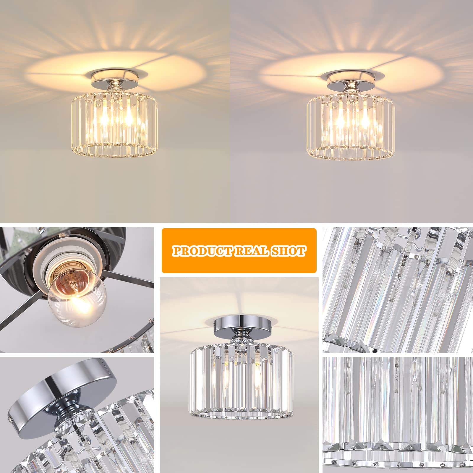 BUXVRCS Semi Flush Mount Chandelier, Crystal Ceiling Light Fixture, Silver, Model SJD-45 for Living Room, Bedroom, Bathroom, Kitchen