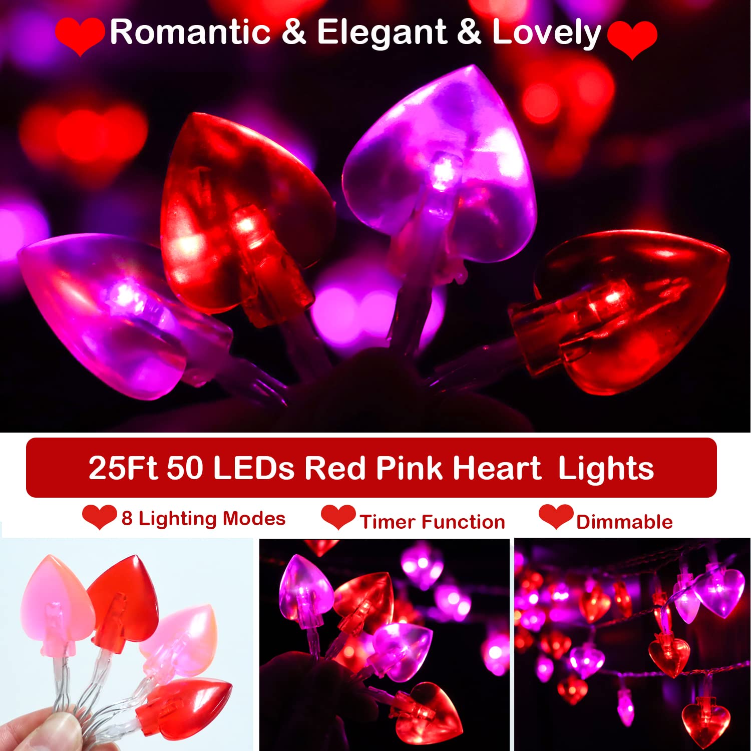 Ohwewant 50 LED Red and Pink Heart Lights, Battery Operated with Timer, Model HED038, Perfect for Valentine's Day Decor