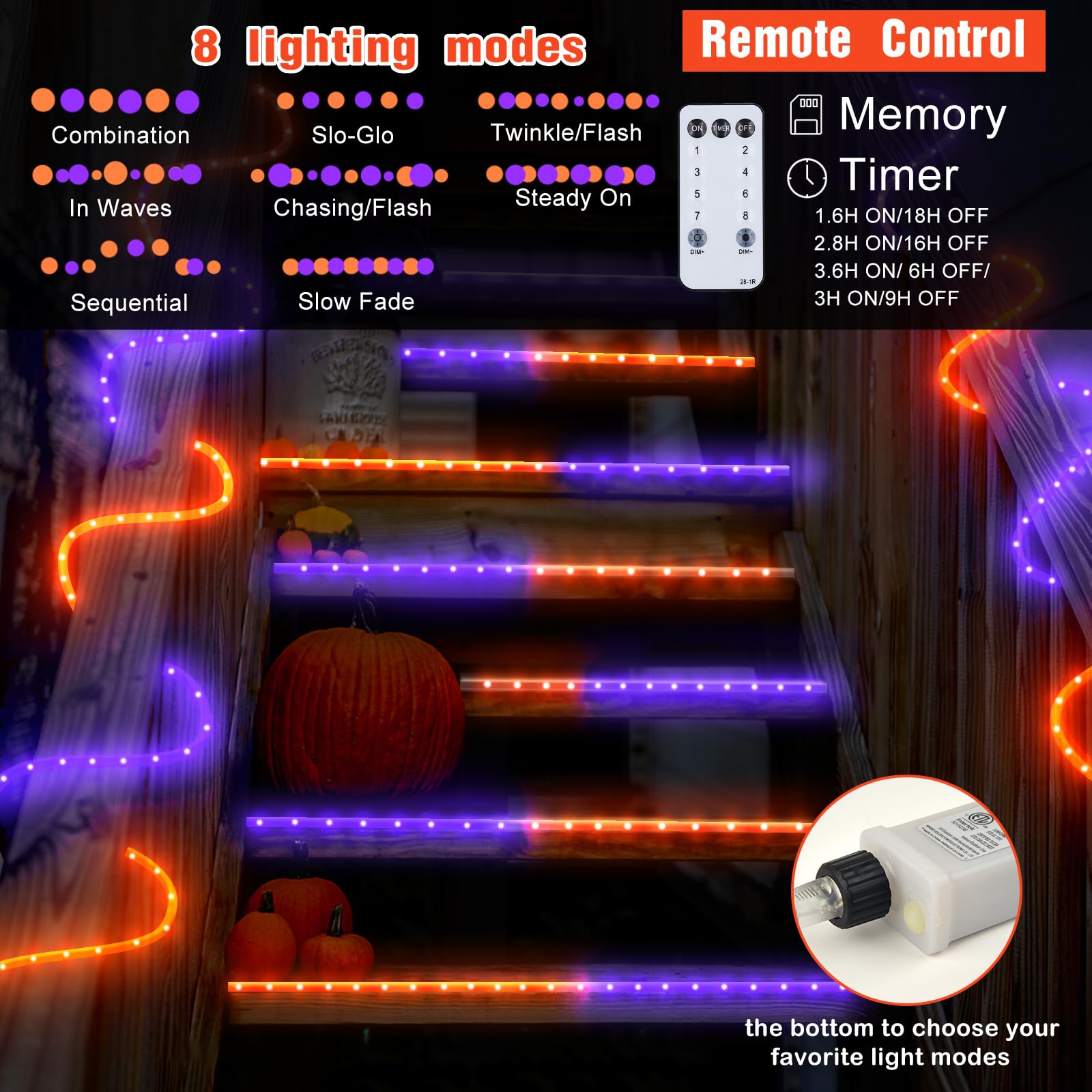 Kenburg Halloween Rope Lights Outdoor, 33Ft 400 Led Orange And Purple String Lights, Waterproof Tube Lights Plug In 8 Modes Halloween Tree Garden Fence Yard Party Outdoor Decorations