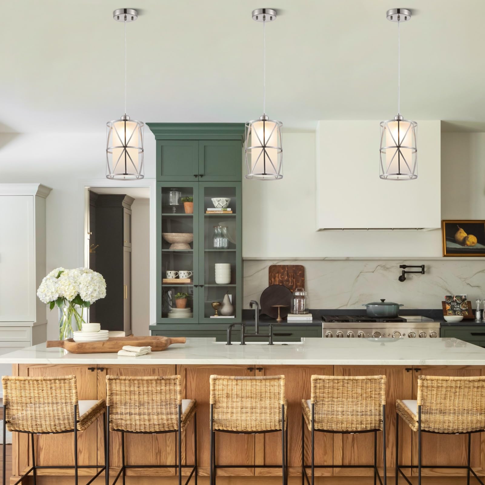 Zlierop Modern Pendant Light With Frosted Glass, Brushed Nickel Hanging Kitchen Lights, Cylindrical Pendant Lights Kitchen Island, Kitchen Pendant Lighting Over Island, Foyer, Dining Room, Entryway