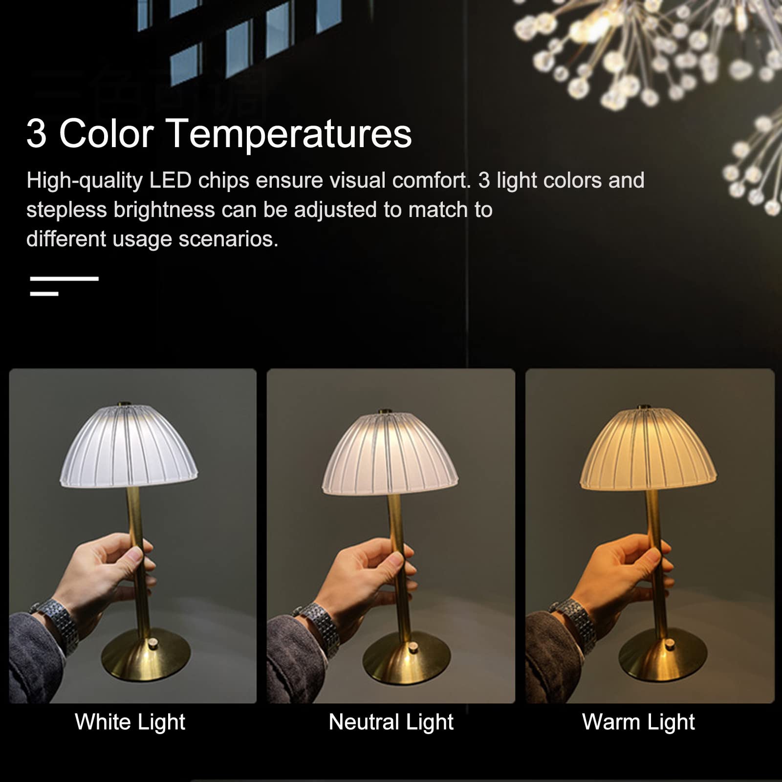 Lixada Rechargeable Cordless Table Lamp, Gold Aluminum, Dimmable Touch Control, 3 Light Colors, Ideal for Home & Commercial Use