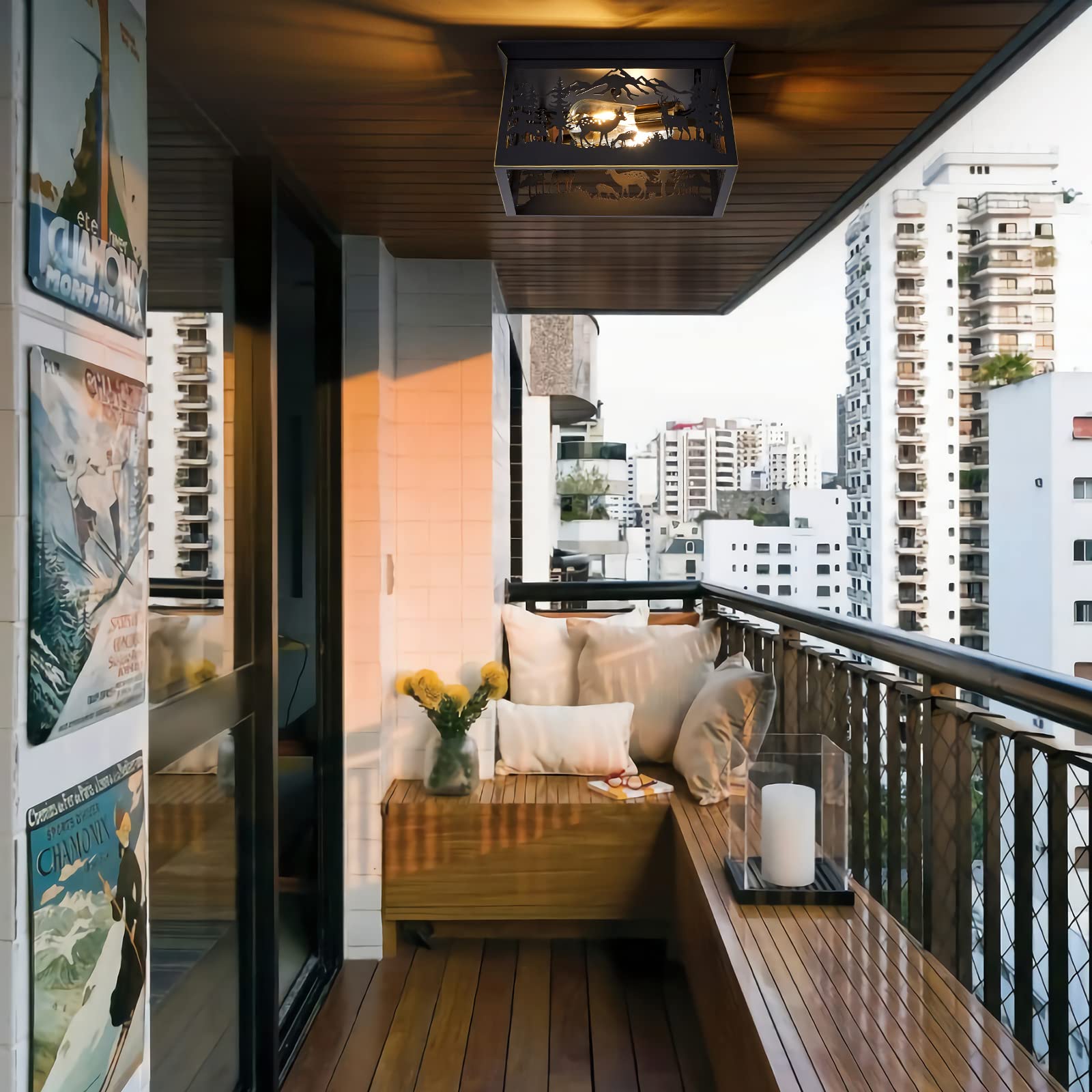 Monaxon Farmhouse Rustic Deer Flush Mount Ceiling Light Fixture For Cabin, Kitchen, And Outdoor